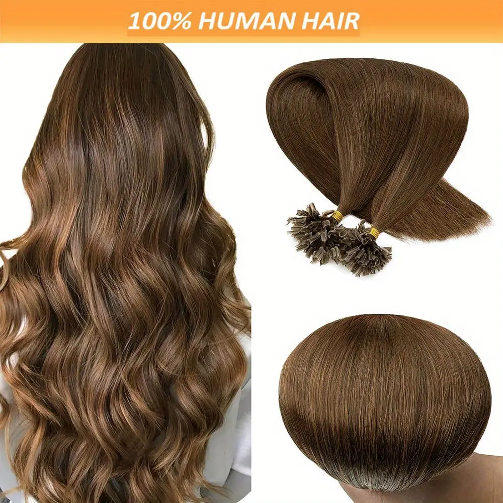 100G Pre‑Bonded U‑Tip Remy Human Hair Extensions for Women & Men, # 6 Light Brown Italian Keratin Straight Silky Nail‑Tip Fusion Hair Pieces, Natural Damage‑Seamless Look, Suitable for All Ethnicities for Daily Hairstyle Upgrades