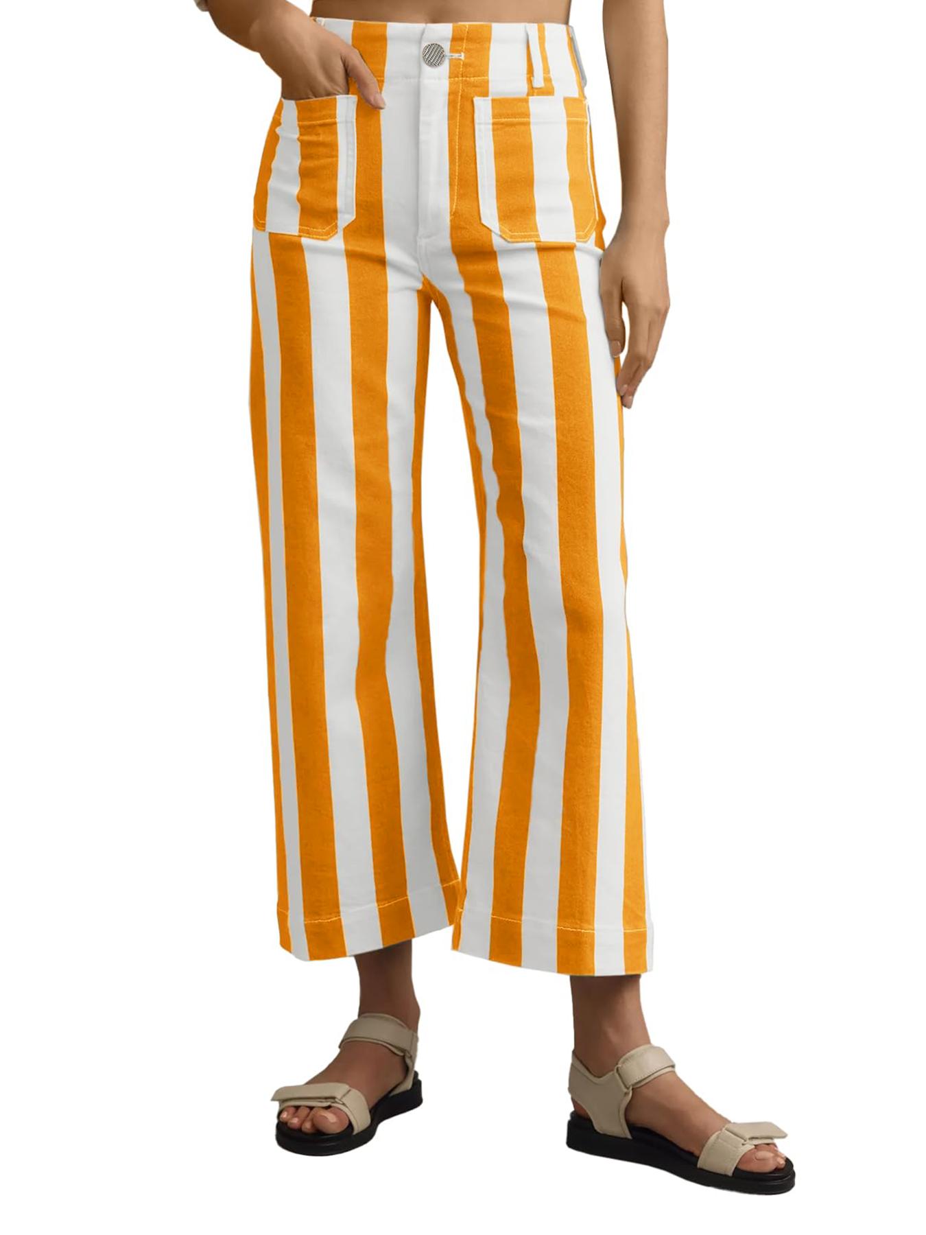 Aswulk Womens Cropped Striped Jeans Casual High Waisted Stretchy Straight Leg Denim Pants with Pockets