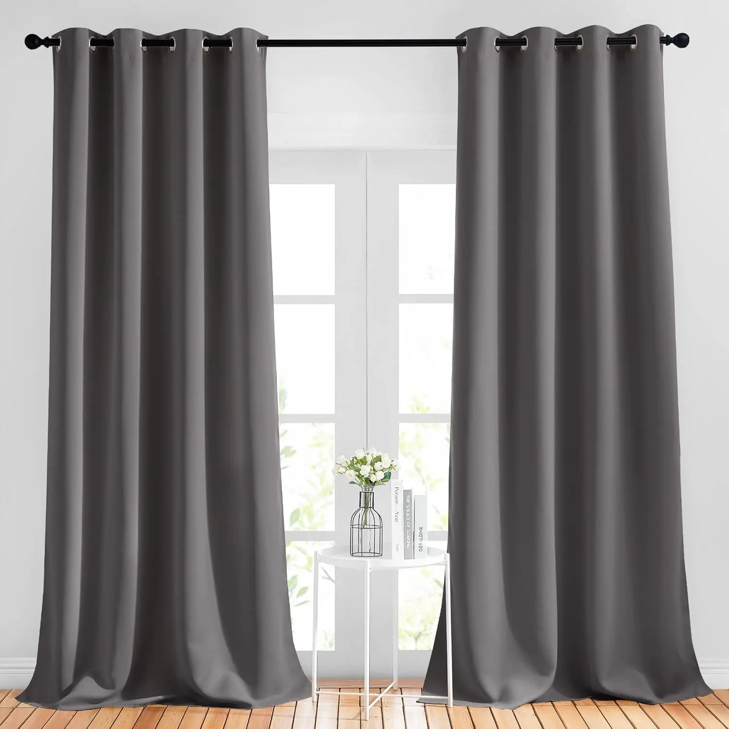 Grey Grommet Blackout Curtains - 2 Panels (W52 x L90 in), Casual Indoor Use Sound Proof Thermal Energy Saving Drapes, Room Darkening Window Treatments for Bedroom, Living Room