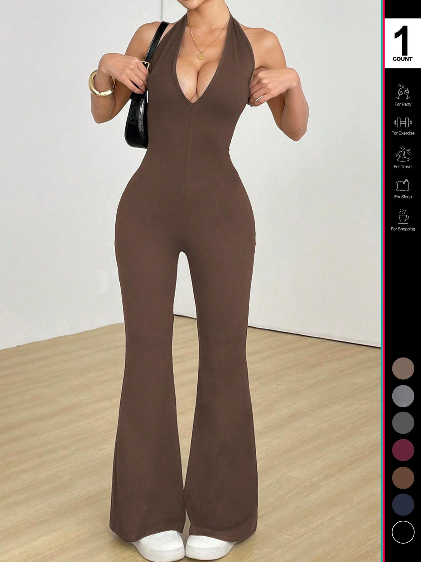 2026 Women's Sexy Halter V Neck Jumpsuit, Sleeveless Backless Design, Fitted Flare Leg Romper, Casual Style for All Seasons