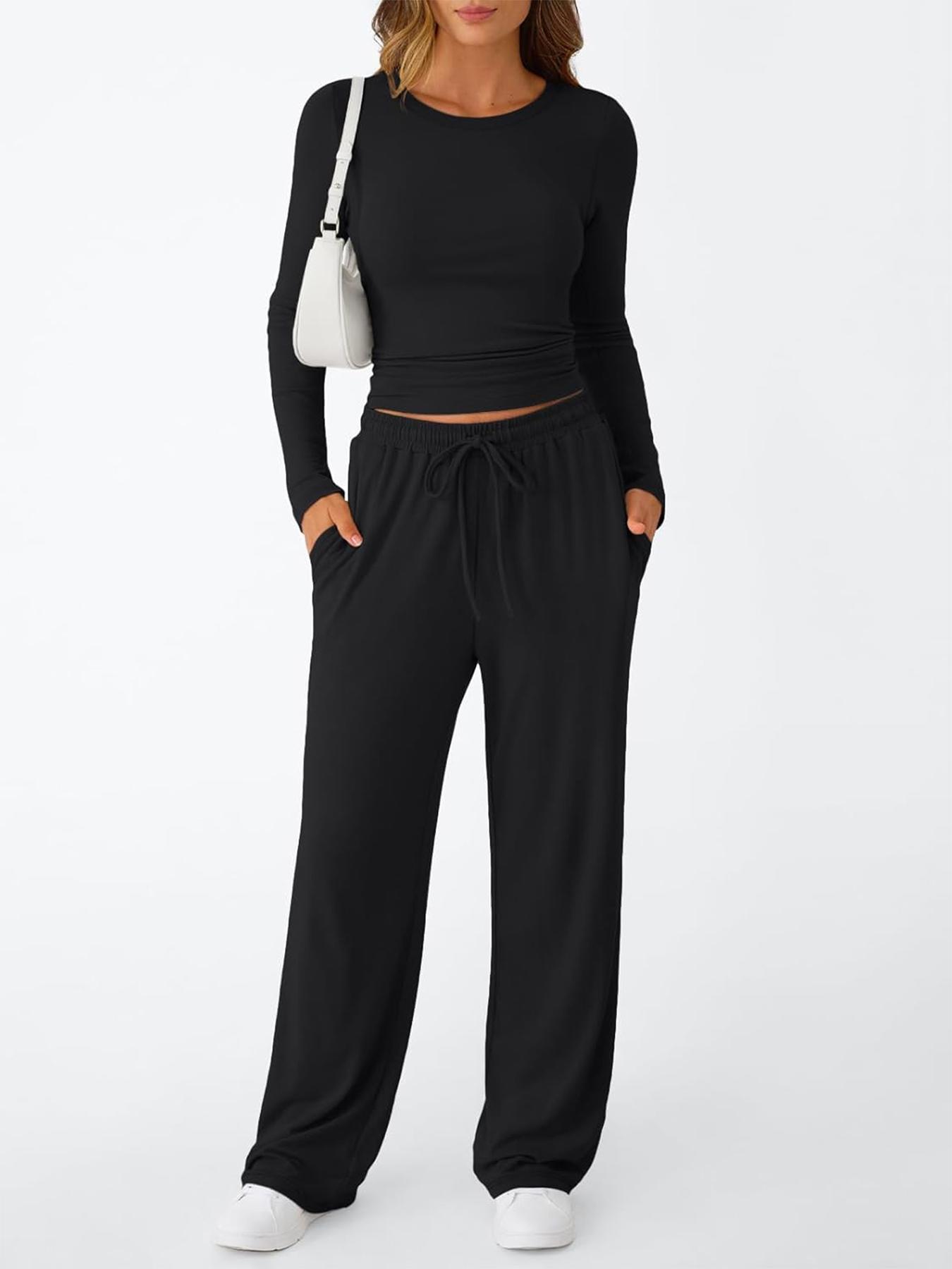2026 Women's Two-Piece Loungewear Set, Soft Long-Sleeved Round-Neck Crop Top, Drawstring High-Waisted Wide-Leg Pants with Pockets