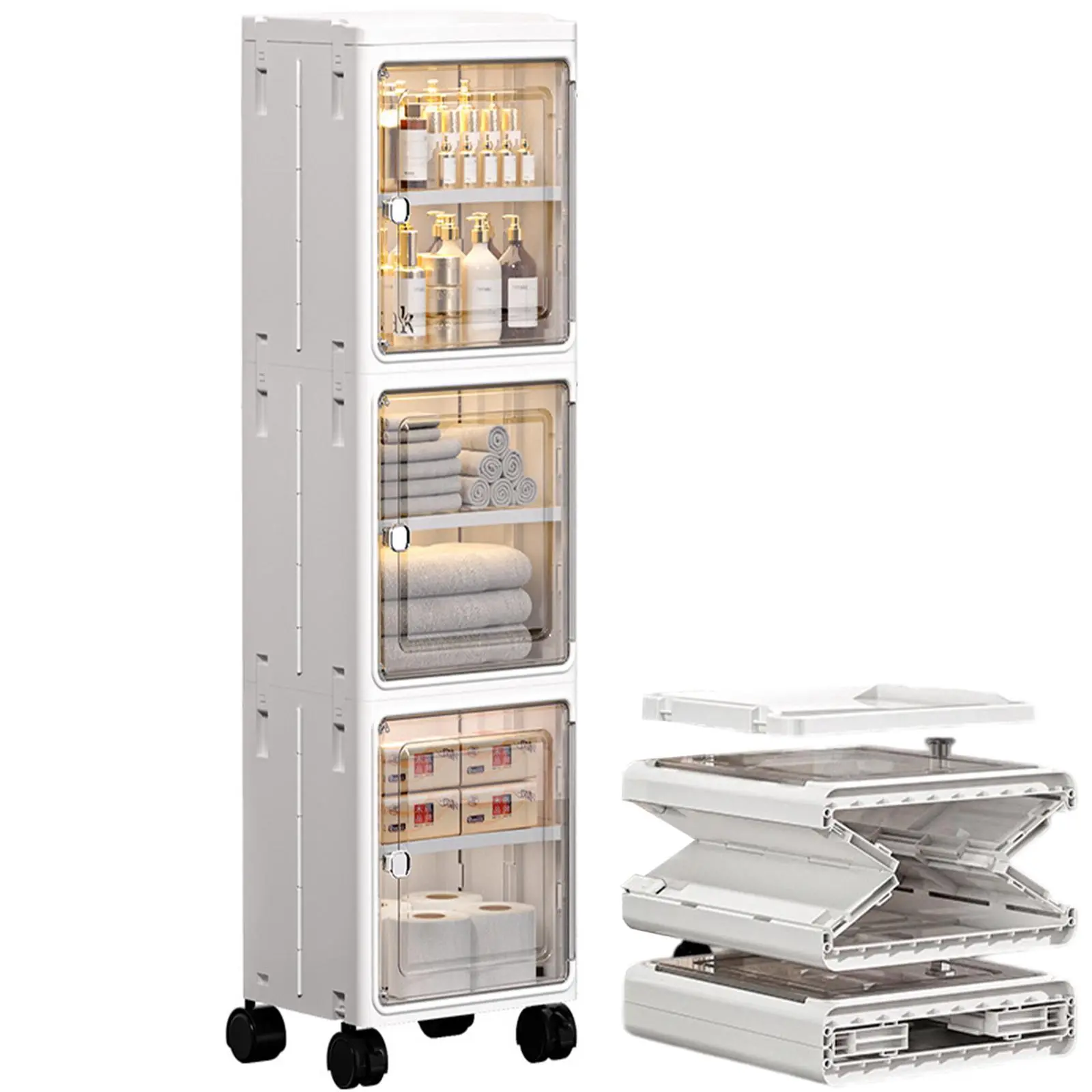 Tall Narrow Storage Cabinet Organizer, Slim Bathroom Cabinet with Doors & Adjustable Shelves, Plastic Kitchen Pantry Storage for Small Space, Laundry Room, Home Organization
