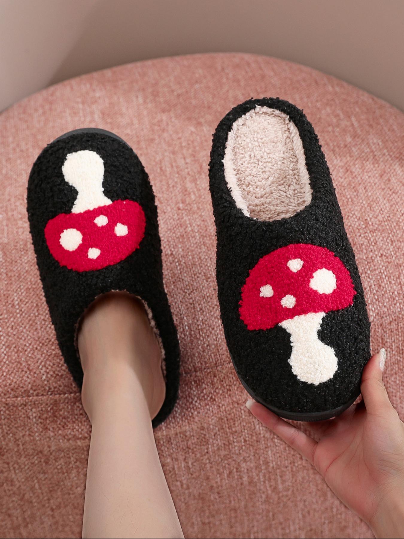 Mushroom Embroidered Plush Slippers, Creative Mushroom Design, Unisex Indoor Outdoor Warm Non-Slip Shoes, Fall Winter Gift, House Slippers