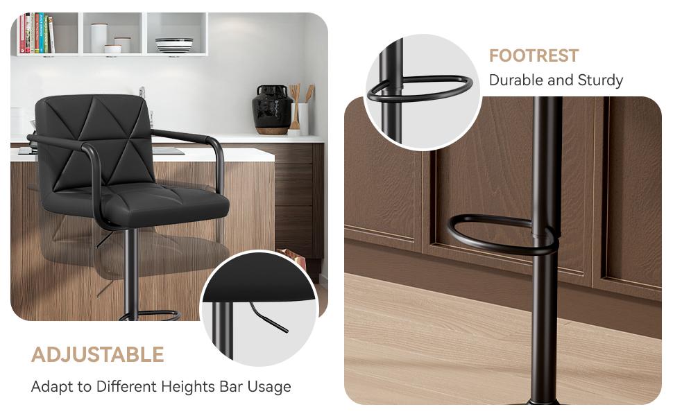 Modern Bar Stools Set of 2 Upholstered Faux Leather Barstools with Back and Arms Height Adjustable Bar Chairs Waterproof Counter Barstools for Kitchen Bar Dinning Room, Black