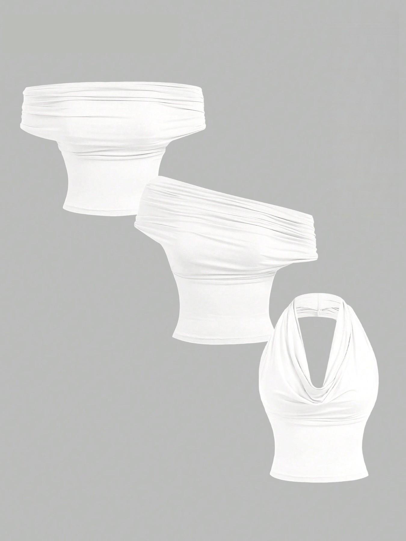 Fashionable New Sexy Blouse Women's Multi Way Wear Ruched Off The Shoulder Tops Draped Cowl Neck Halter Tops 3 Ways to Wear Womenswear