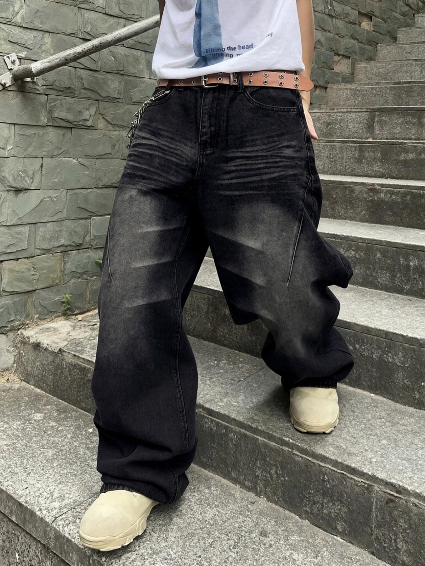 Y2K Retro Black Stone Washed Loose Jeans, Men's Streetwear Hip-Hop Casual Pants, Wide-Leg Loose Jeans with Distressed Effect, for Leisure Daily Wear
