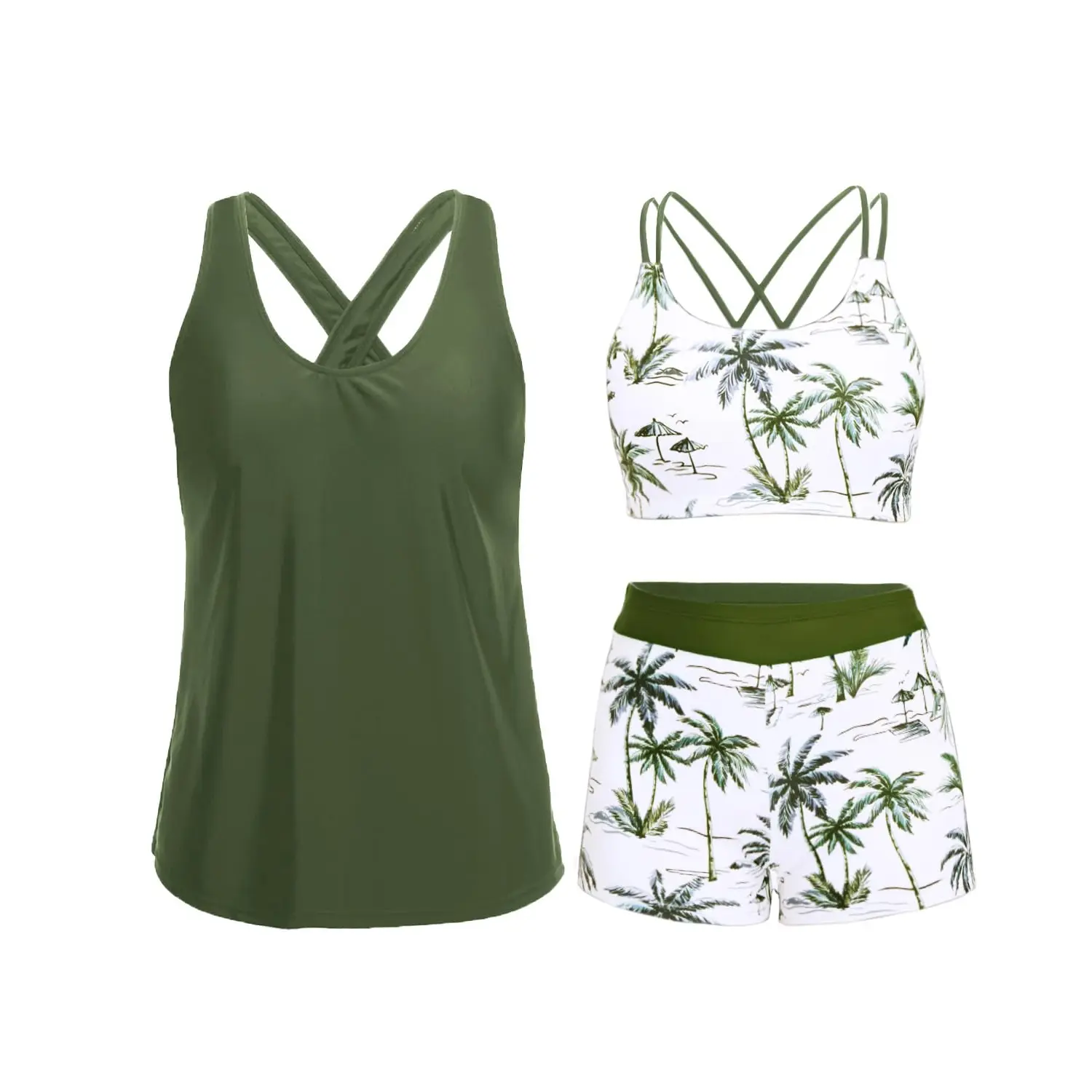 Holipick Three Piece Tankini Set Swimsuits for Women Bathing Suits Swim Tank Top with Bra Boy Shorts Teens Girls Swimwear