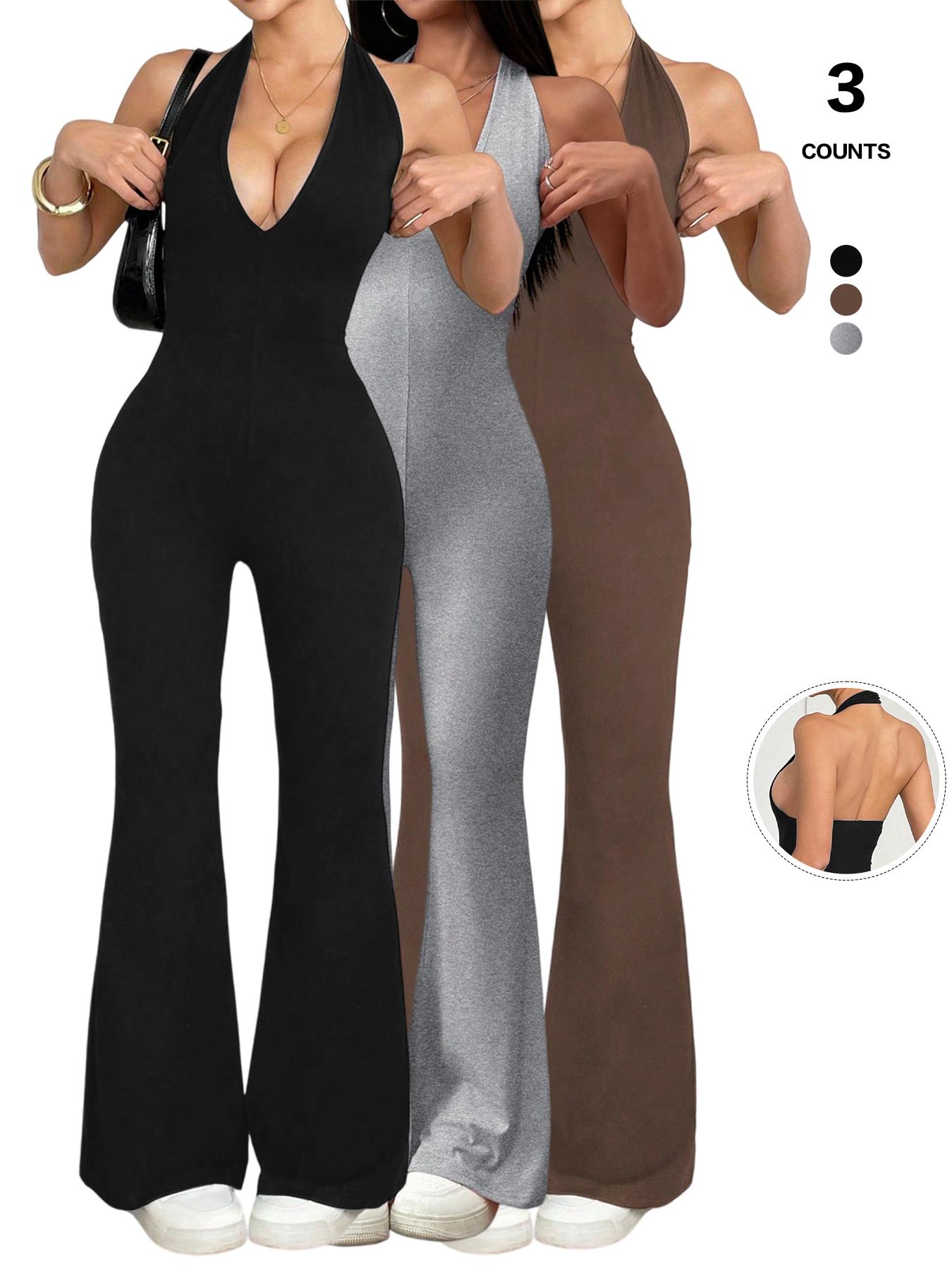 Women's Halter Neck Jumpsuit, Sleeveless Deep V Backless Chic Design, Flare Leg Romper for Casual Wear