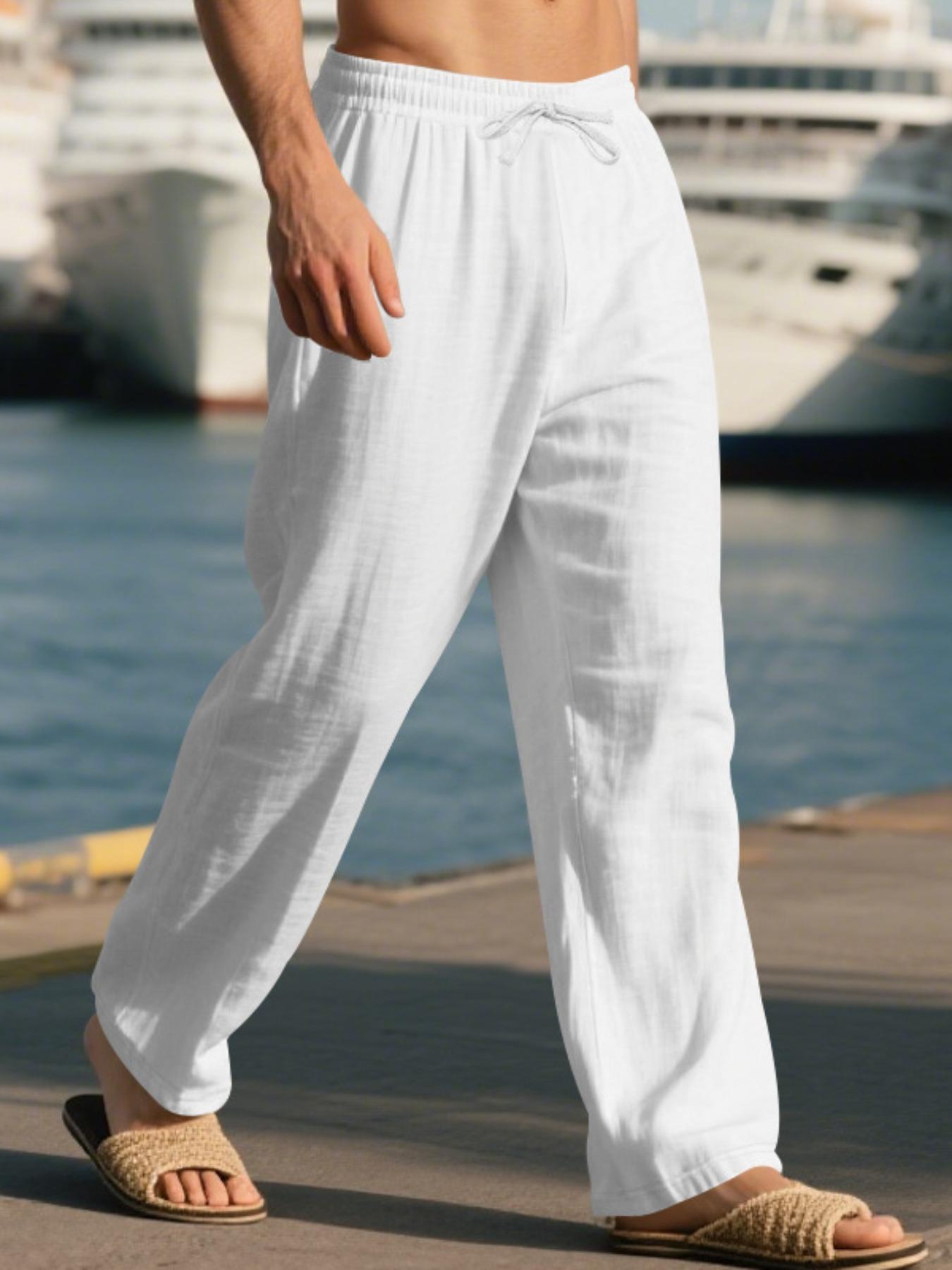 Men's summer linen long pants, in a relaxed and loose fit, suitable for daily wear, with breathable and comfortable fabric, suitable for hot weather, fashionable men's linen beach pants, trendy and simple linen straight-leg pants