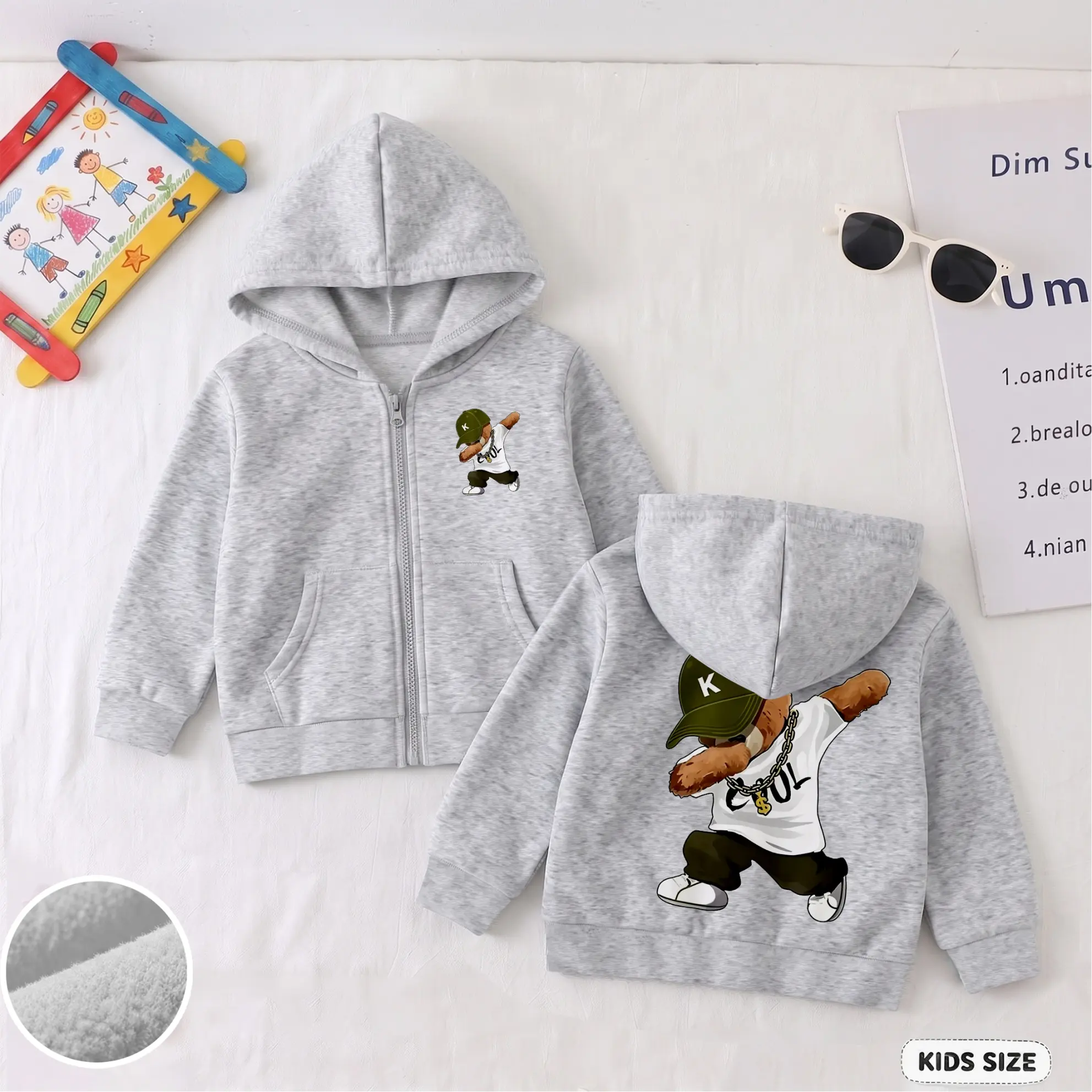 Kids' Cartoon Bear Graphic Hoodie - Regular Fit, Casual Sporty Zip-Closure Sweatshirt with Front Pocket, Soft Warm Daily Wear Jacket for Fall Winter Outfits