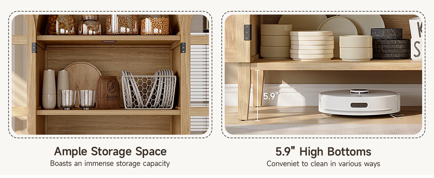 【SPOTLIGHT DAY】ONBRILL 71" Tall Arched Cabinet, 5-Tier Arched Kitchen Pantry with Glass Doors & Shelves, Modern Display Arch Cabinet with Adjustable Feet, Wooden Pantry for Living Room, Dining Room