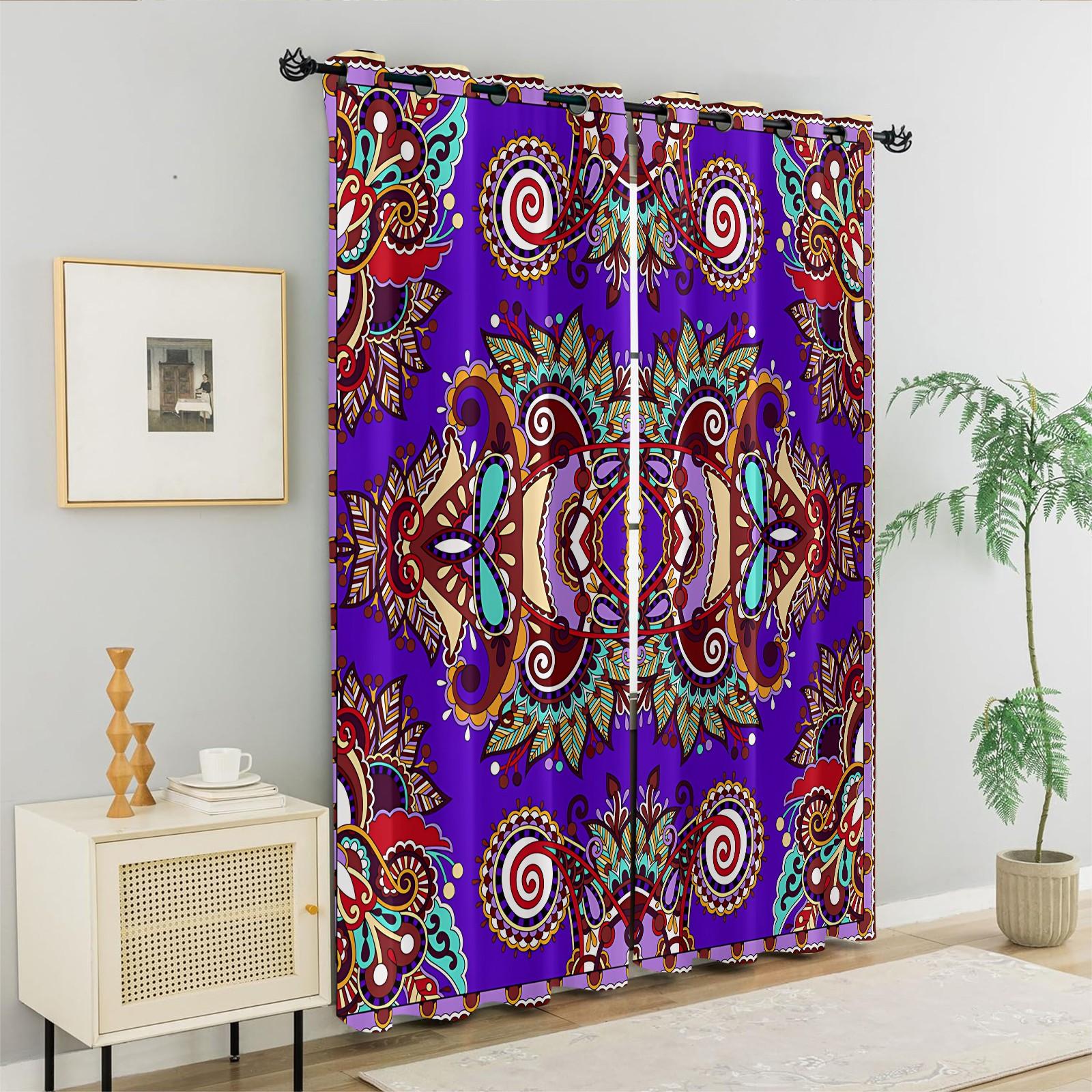 2 Panels Set Boho Paisley Digital Print Window Drapes, Vintage Ethnic Style Darkening Grommet Curtains, Thermal Insulated Privacy Blackout Drapes, Decorative Window Treatment for Living Room, Bedroom, Dorm, Home Office