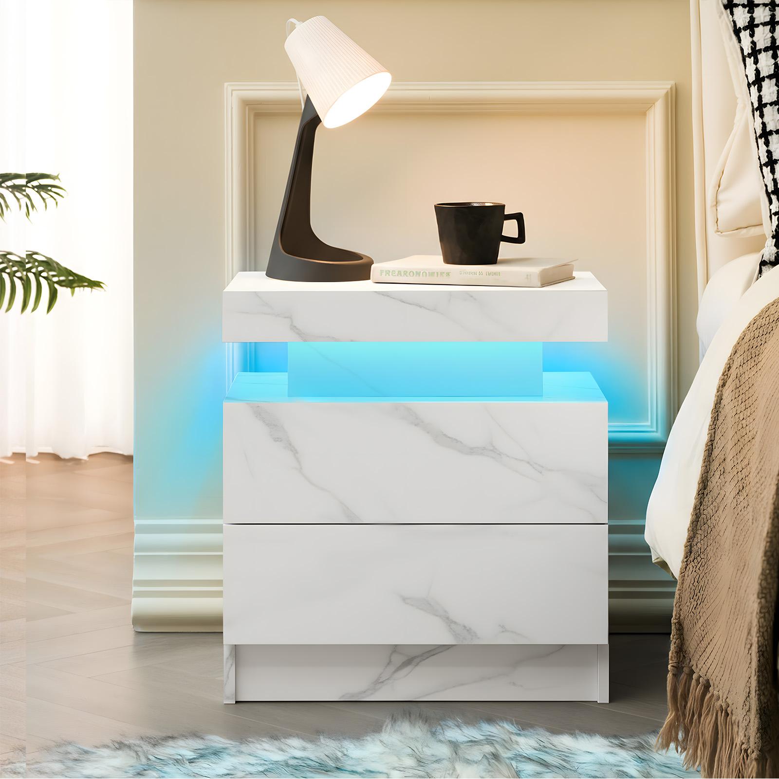 LED Nightstand with 2 Drawers – Modern Glowing Bedside Table Cabinet, USB Port? Lights-Up End Side Table for Bedroom – TK Nighttime Vibe