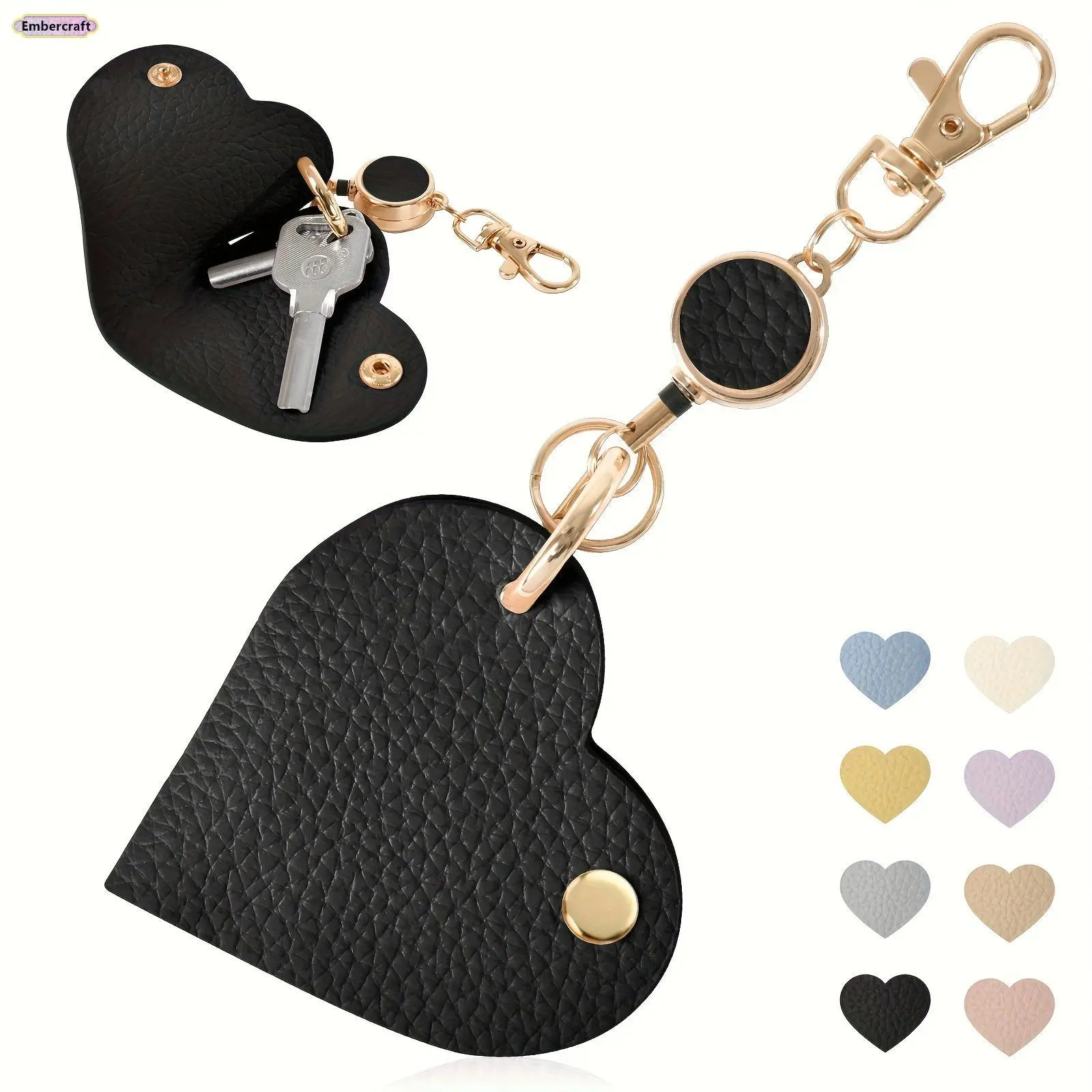 Kawaii Accessories: Cute Heart-Shape PU Leather Bag Chains and Charms for Women, Retractable Keychain Wristlet with Gold Clip, Heart Design Keychain, Cute Keychains