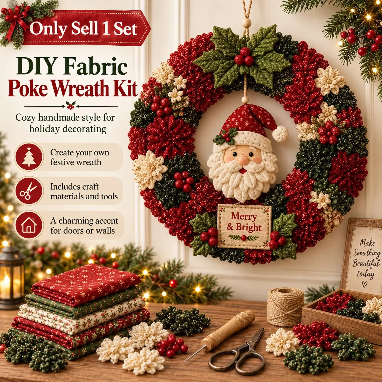 3D Fabric Poke Wreath DIY Kit, Christmas Wreath DIY Kits for Adults, Festive Holiday Craft Set with Fabric Poke Art Design, Beginner-Friendly Wreath Making Kit for Door, Wall and Home Decor