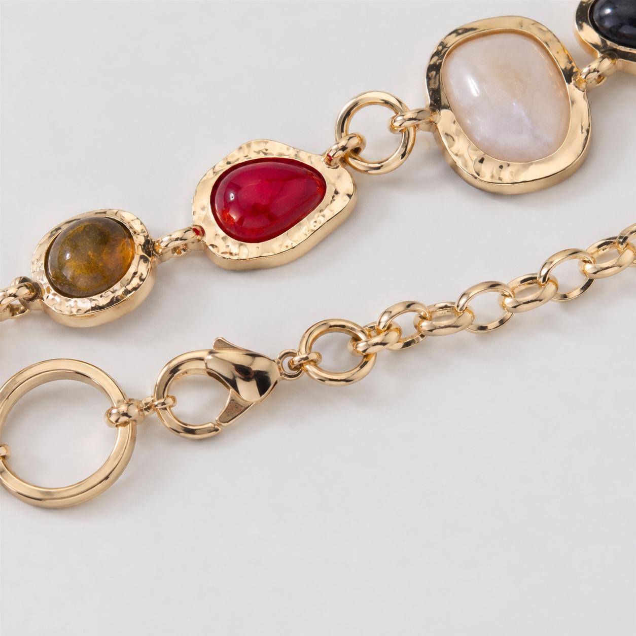 Vintage Colorful Gemstone Necklace, Retro Geometric Multi‑Stone Metal Chain Choker