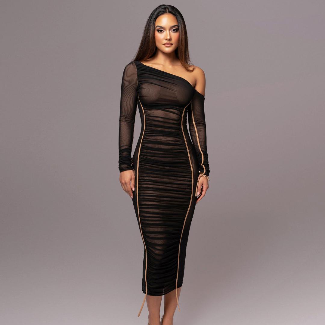 Women's Striped Ruched Asymmetrical Neck Bodycon Stretch Dress, Elegant Long Sleeve Dress for Parties, Clubs and Dates, Women's Clothing for Spring & Fall, Womenswear
