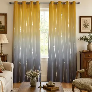 2 Panels Ombre Blackout Curtains, Yellow to Grey Gradient with White Line & Dot Print Window Treatments, Modern Minimalist Thermal Curtains for Bedroom Living Room