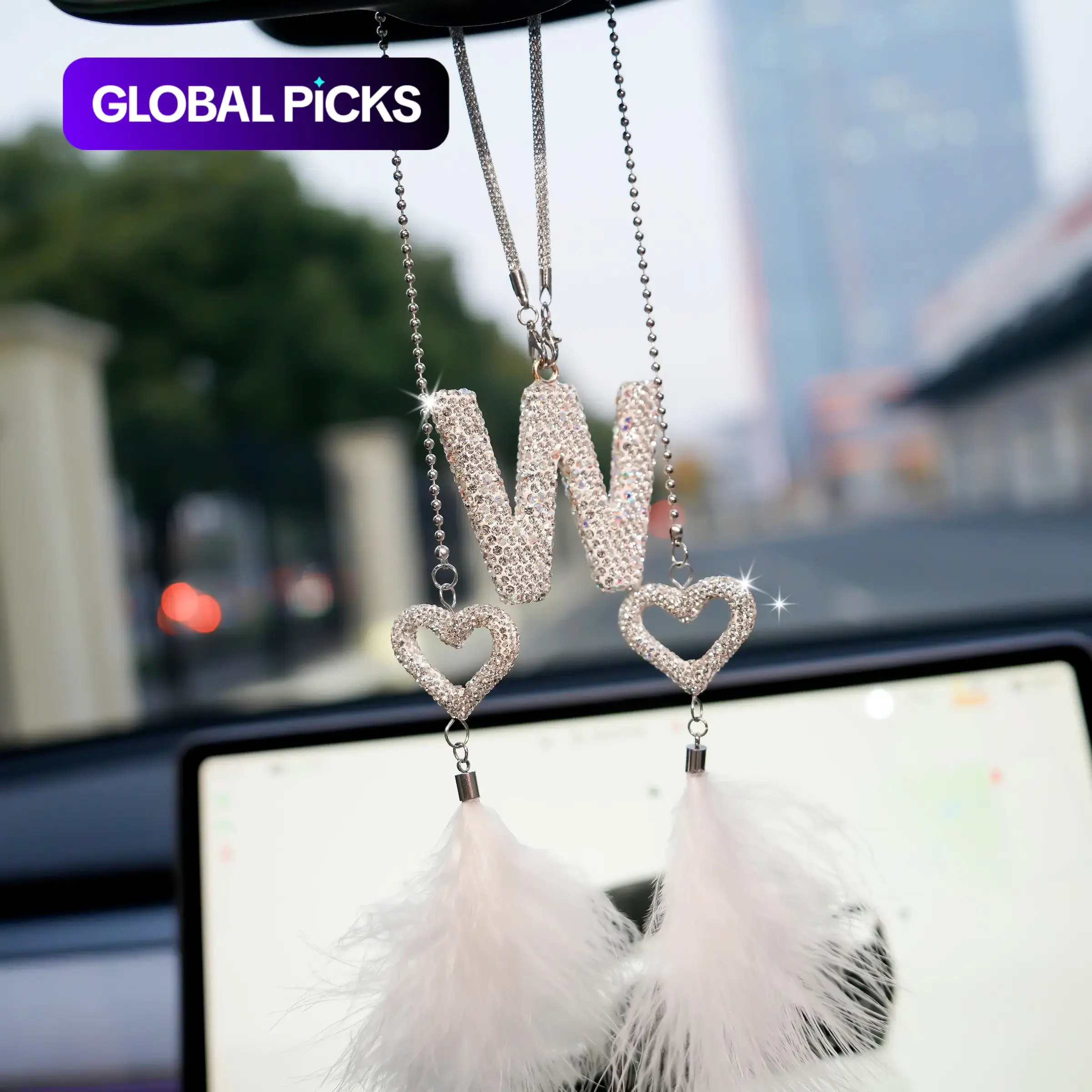 Bling Car Accessories, Aesthetic Car Accessory, Rhinestone Car Decoration, Automotive Decoration, Car Ornaments, Car Rearview Mirror Hanging Decoration, Letter, Heart and Star Design, Interior Decor Ornament, Gift for Couples & Girls #GLOBAL PICKS