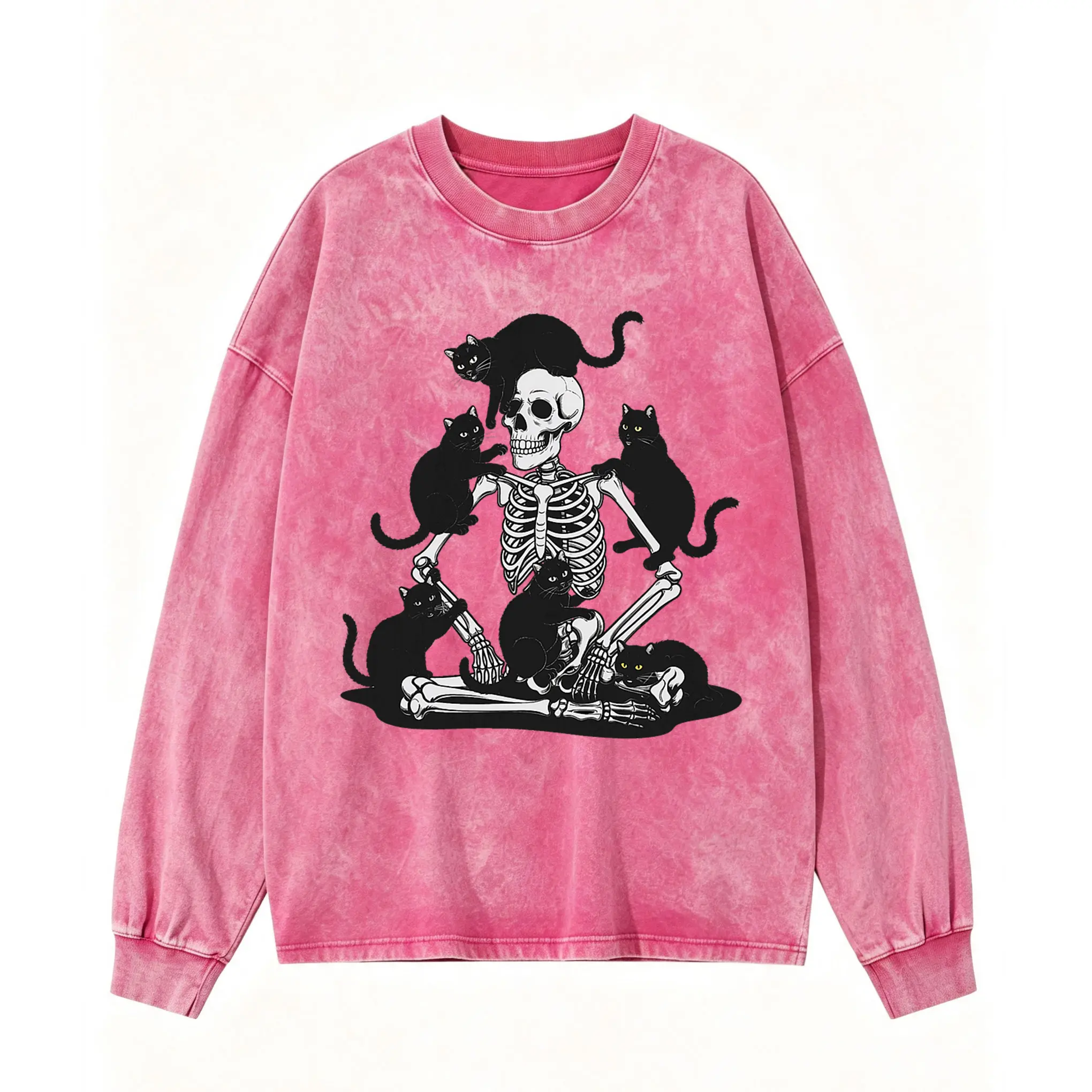 Skeleton Covered in Black Cats Sweatshirt, Meditating Skeleton Pink Acid Wash Shirt, Vintage Witchy Cat Mom Long Sleeve, Halloween Spooky Gift