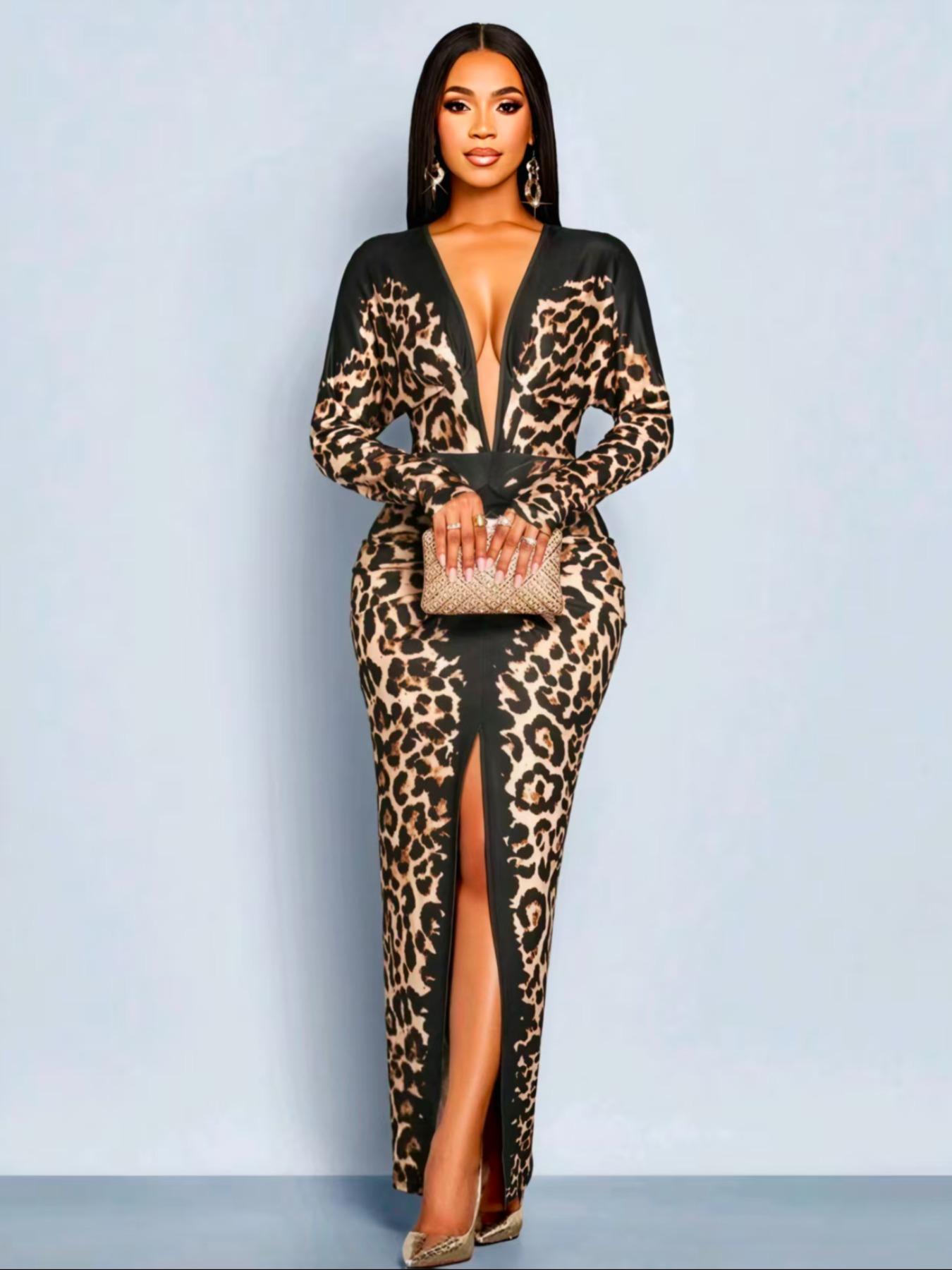 Deep V Leopard Print Patchwork Long Dress Fit, Long Sleeve High Slit Bodycon Skirt, Hot Girl Party Dress A3092 Womenswear