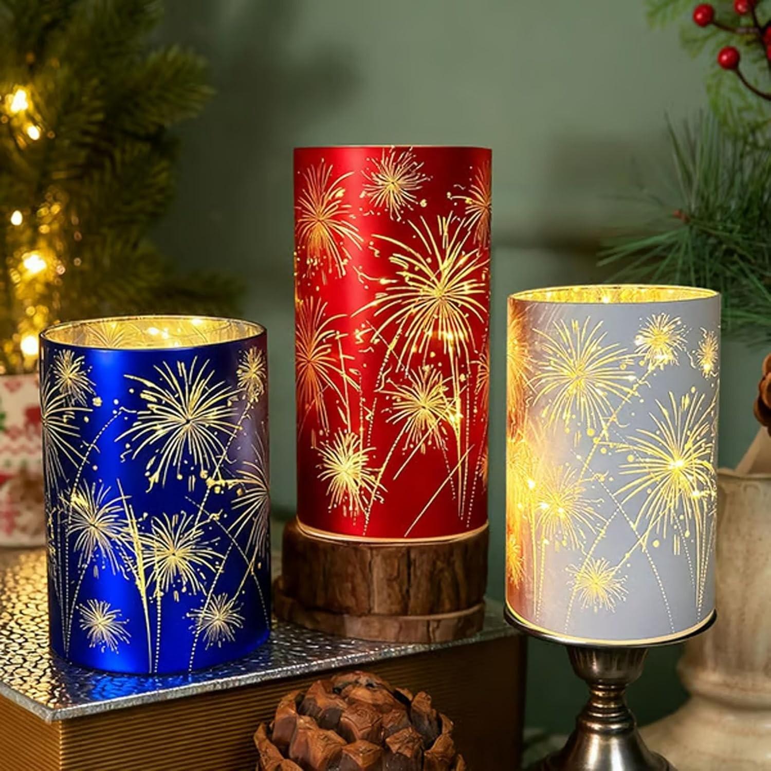 3-Piece Electronic Candle Holder Set, Candle Holders for Table Centerpiece, Home Decor Tabletop Centerpieces for Birthday Parties and Weddings, Featuring Cylindrical Frames with 'Bursting Fireworks' Pattern and LED Light Sources, Available in Warm White