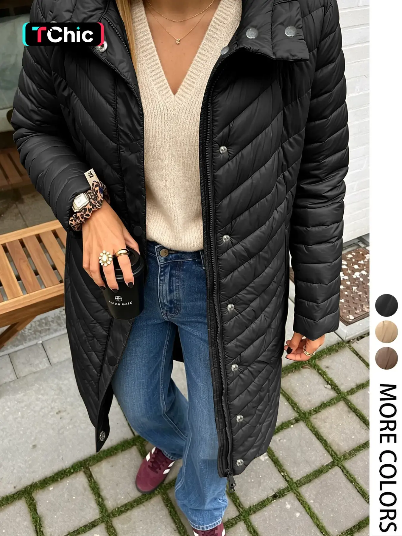 Women's Winter Mid-Length Hooded Casual Cotton Jacket, Simple Style Commuter Lightweight Outerwear for Fall & Winter, Fitted Plain Design