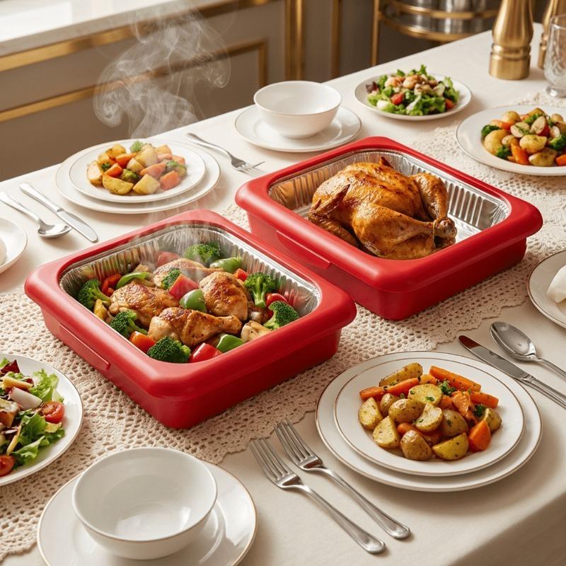 A set of elegant wok 2-in-1 reusable plastic food storage boxes with 1 foil tray for outdoor parties, celebrations, Christmas and Thanksgiving gifts