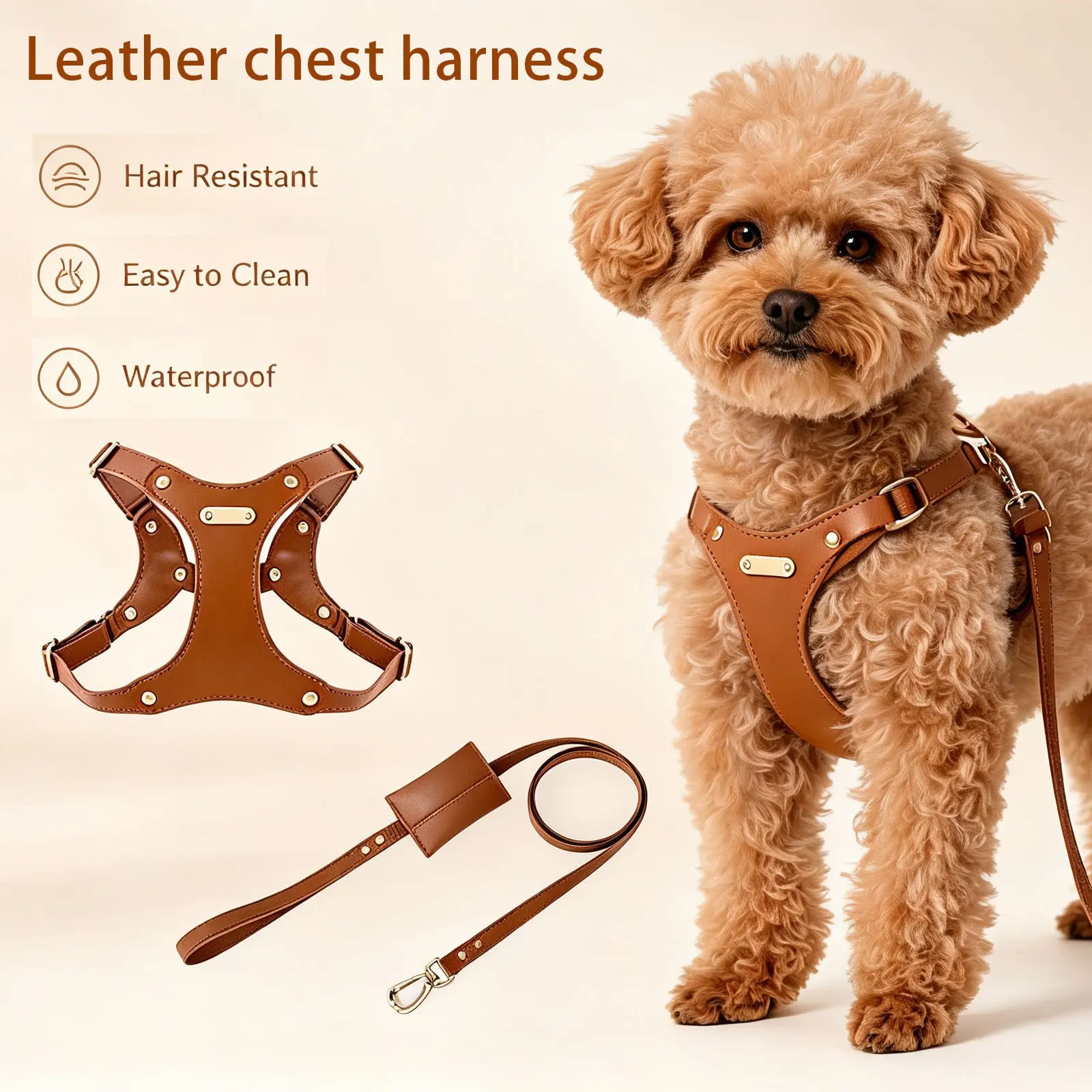 Adjustable Anti-Pull Dog Harness, Leather Pet Collar Leash, Soft Leather Walking Rope for Small to Medium Dogs, Comfortable and Durable