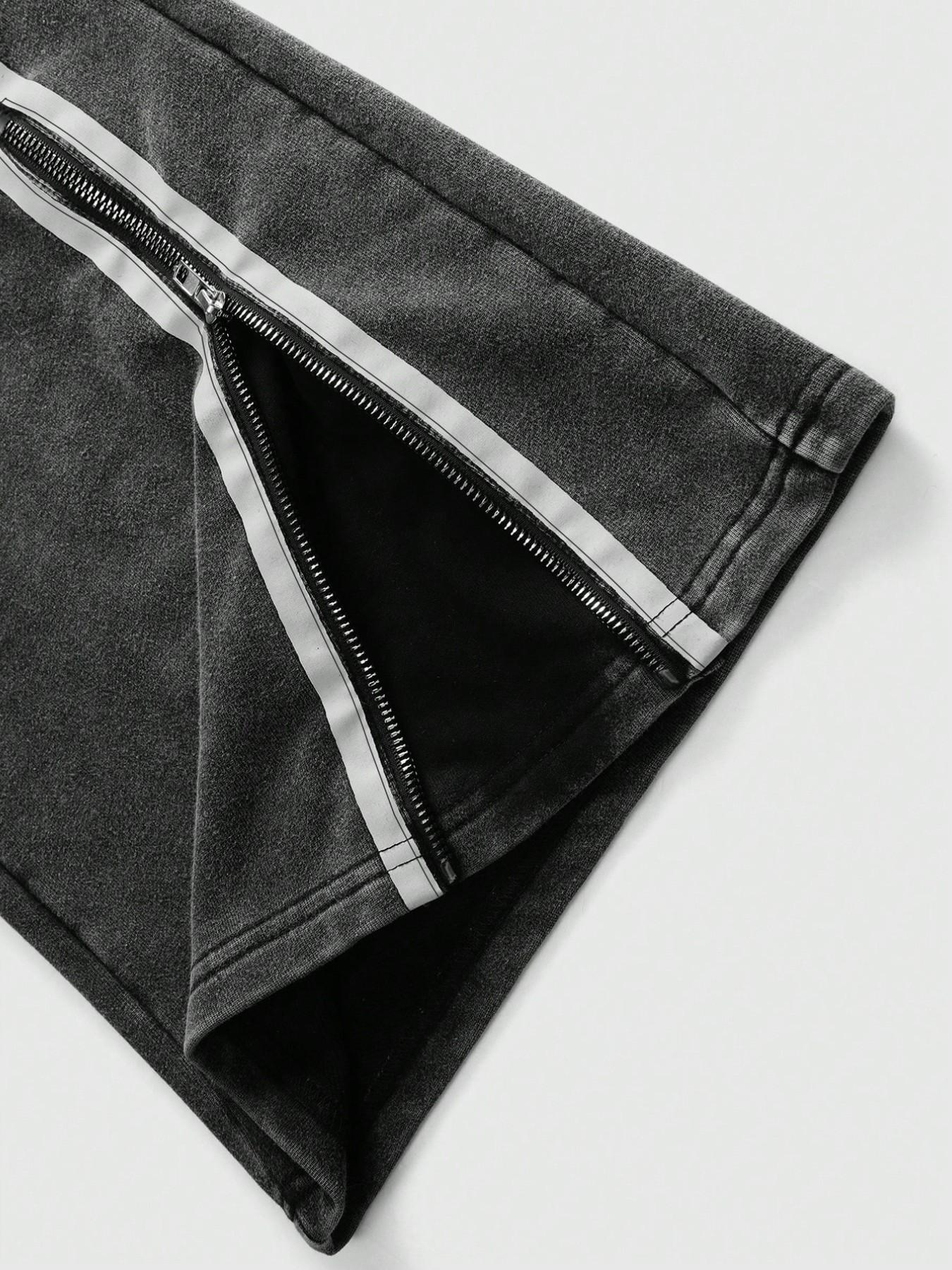 Cotton Men's Plain Color Patchwork Front Drawstring Pocket Casual Sweatpants, Drawstring Waist, Printed Wide Leg, Zipper Design