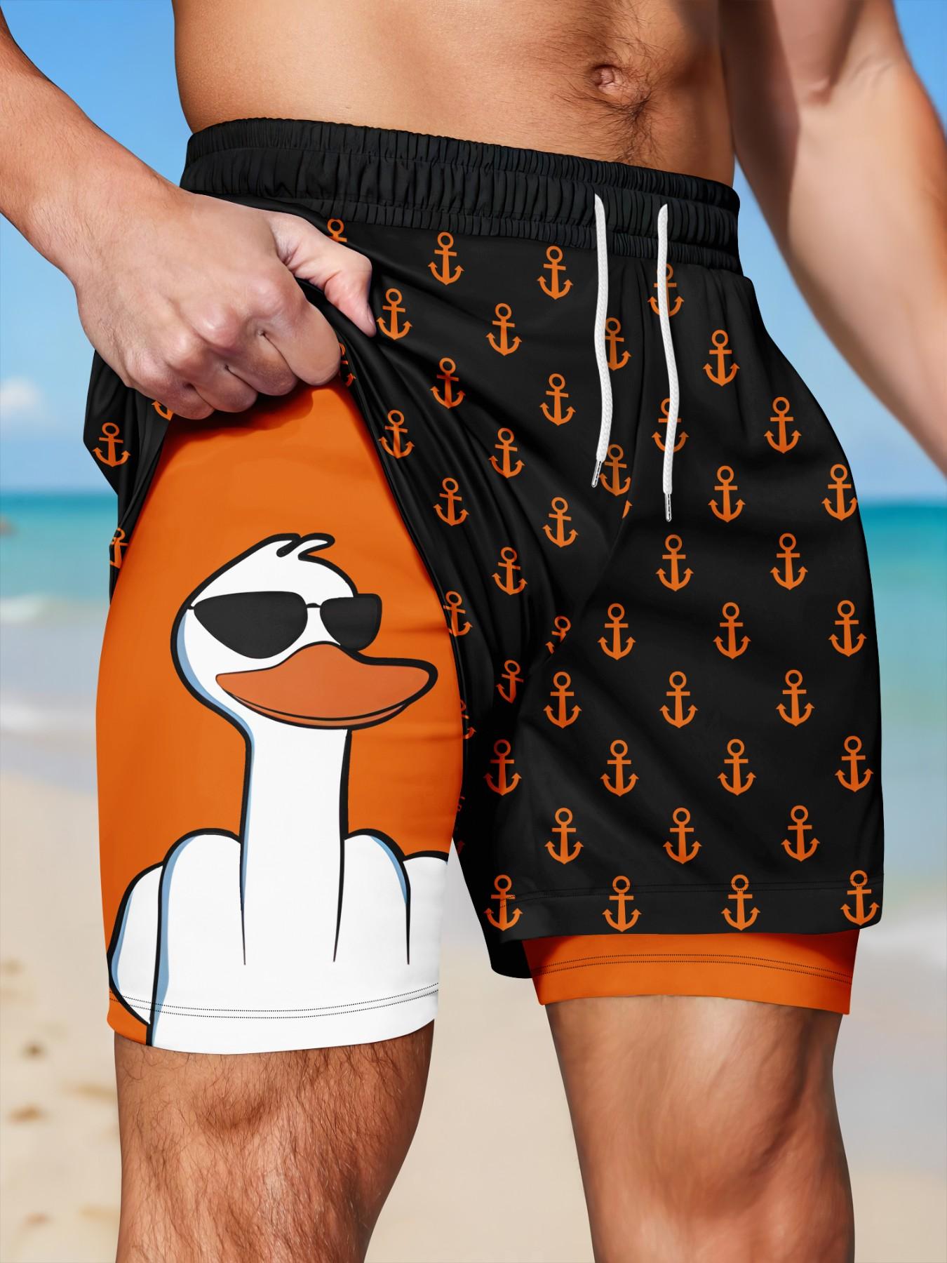 Men's 2-in-1 Quick-Dry Beach Shorts, Swimwear Shorts, Printed Swim Trunks, Cool Cartoon Duck & Anchor Print Drawstring Casual Summer Swim Trunks, Swimsuit Shorts for Vacation #GLOBAL PICKS