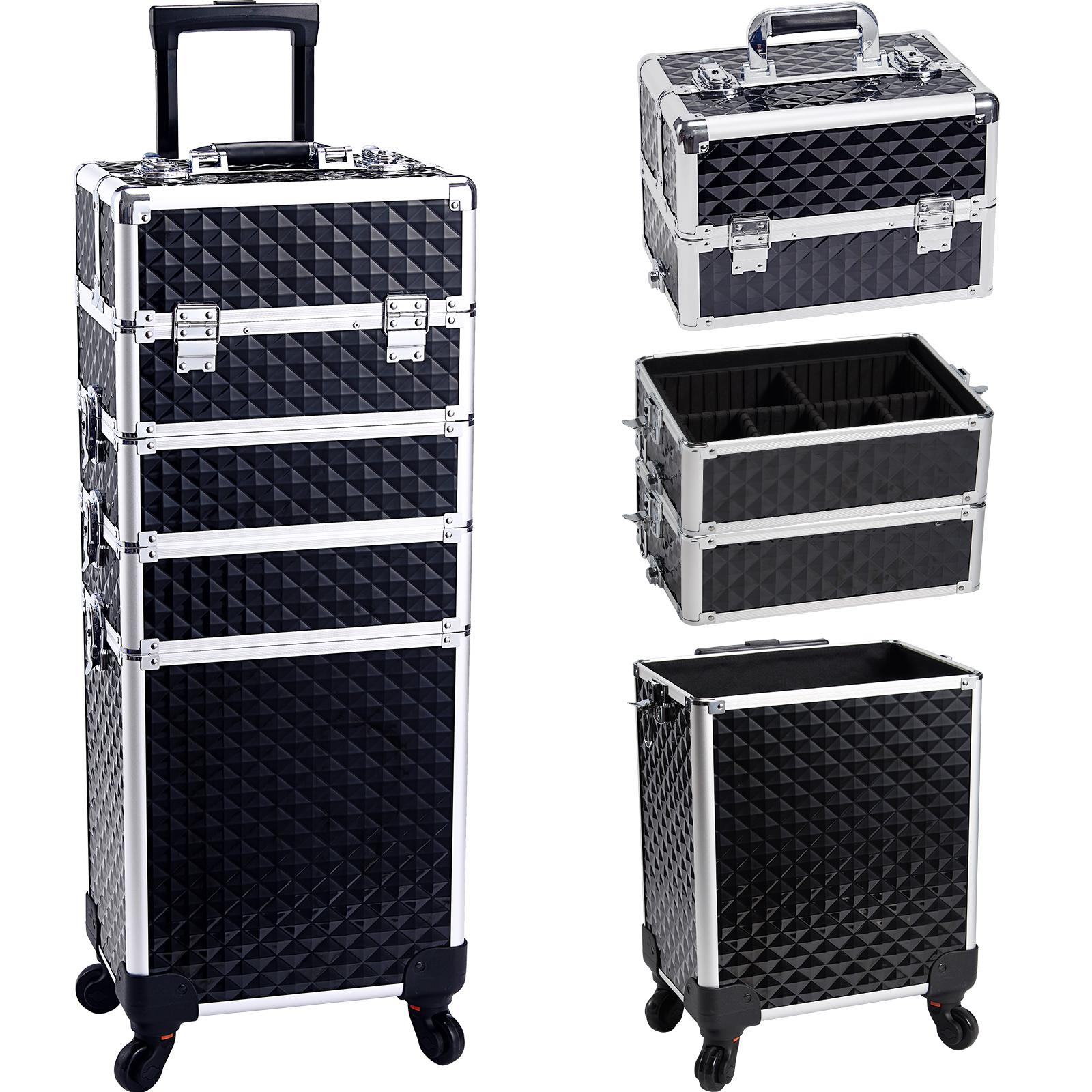 Joligrace 4 in 1 Rolling Makeup Train Case Large Cosmetic Trolley Box with Key Swivel Wheels Salon Barber Case