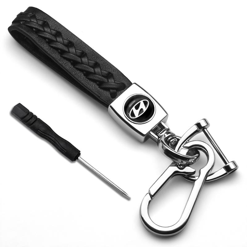 Hyundai Car Logo Leather Keychain, Woven Leather Strap Design, Metal Clip Key Holder, Durable Alloy Car Key Ring, Fashionable Alloy Keychain