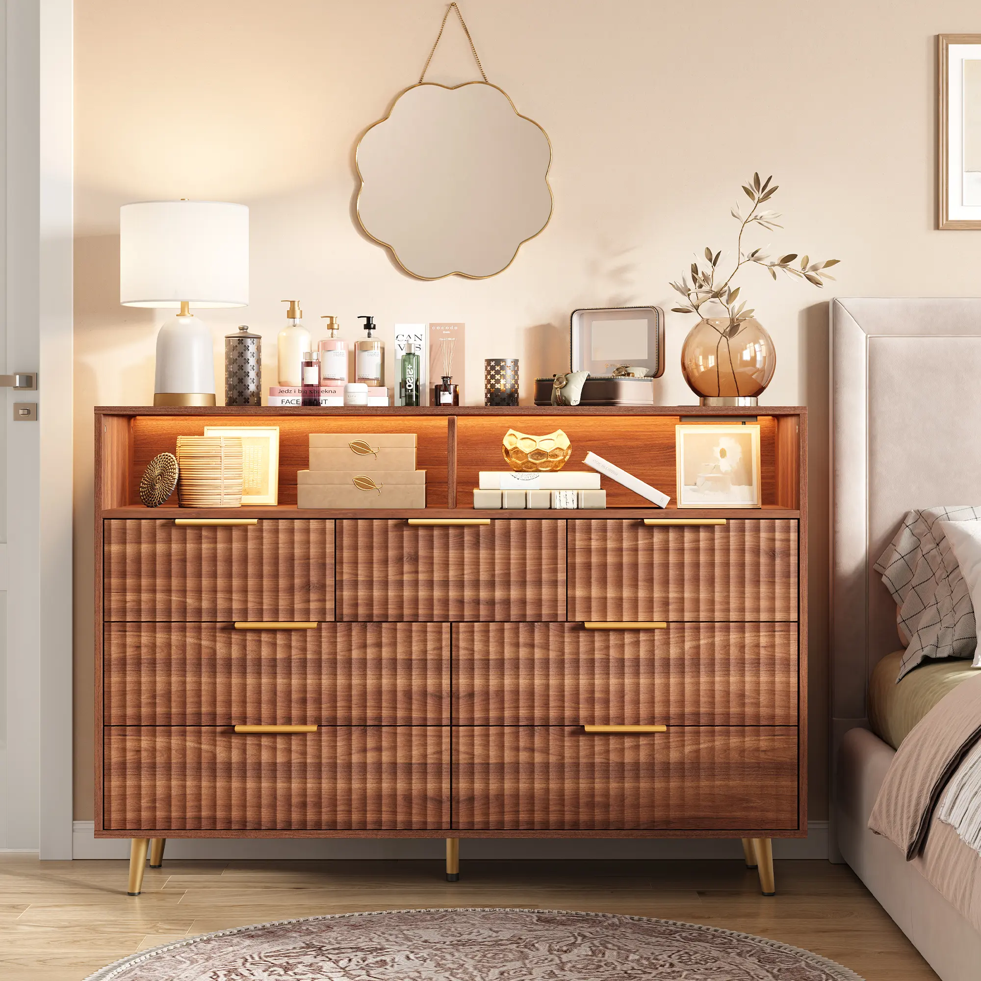 Modern 7 Drawer Fluted Dresser with LED Lights and Charging Station - 54" Wide Chest of Drawers - Curved Profile - Gold or Metal Handles - Versatile Storage for Bedroom, Living Room, Closet, Hallway