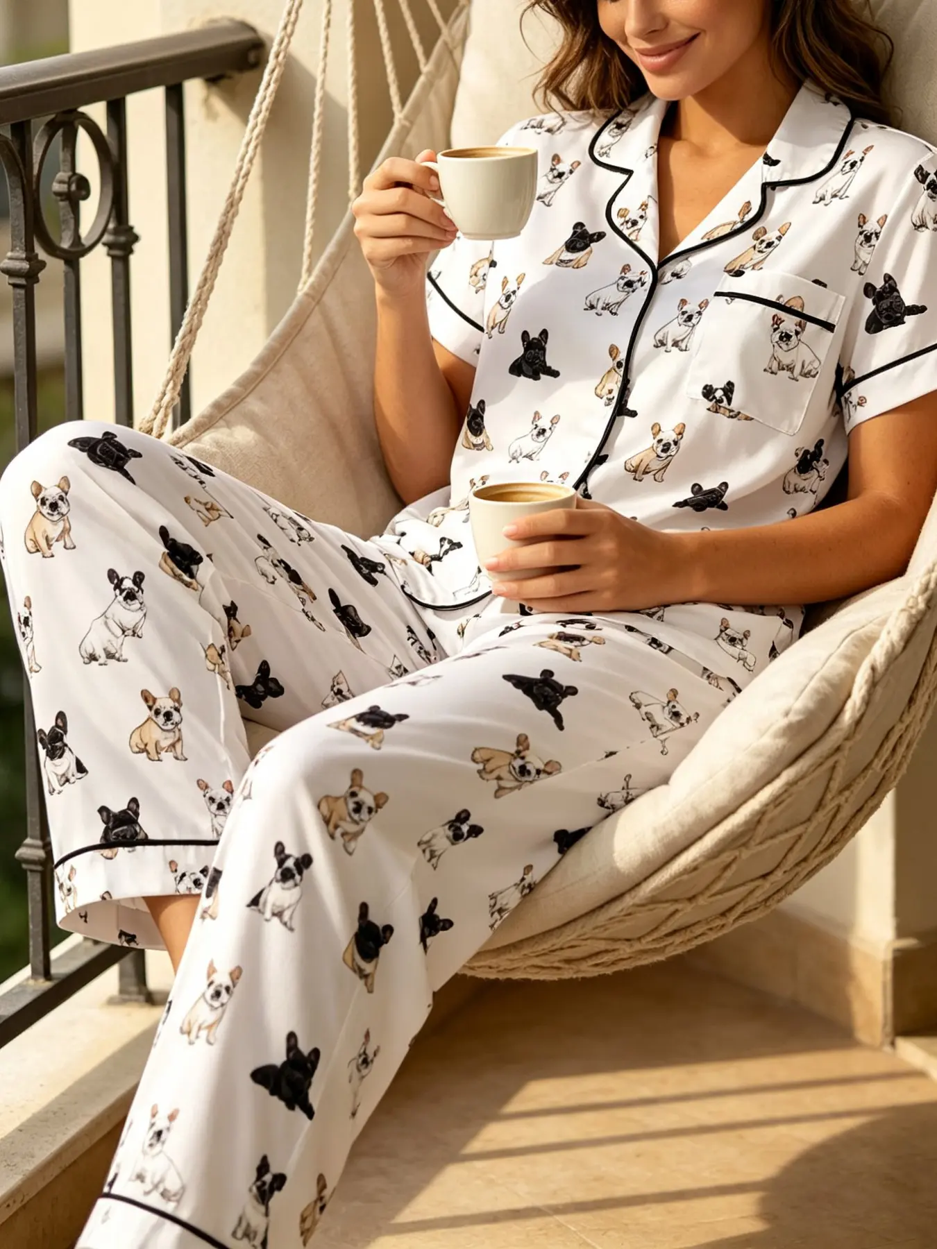 Women's 2-Piece Fall Winter Pajama Set, Short Sleeve Button Front Shirt and Pants, Cute Dog Print, Casual Home Wear