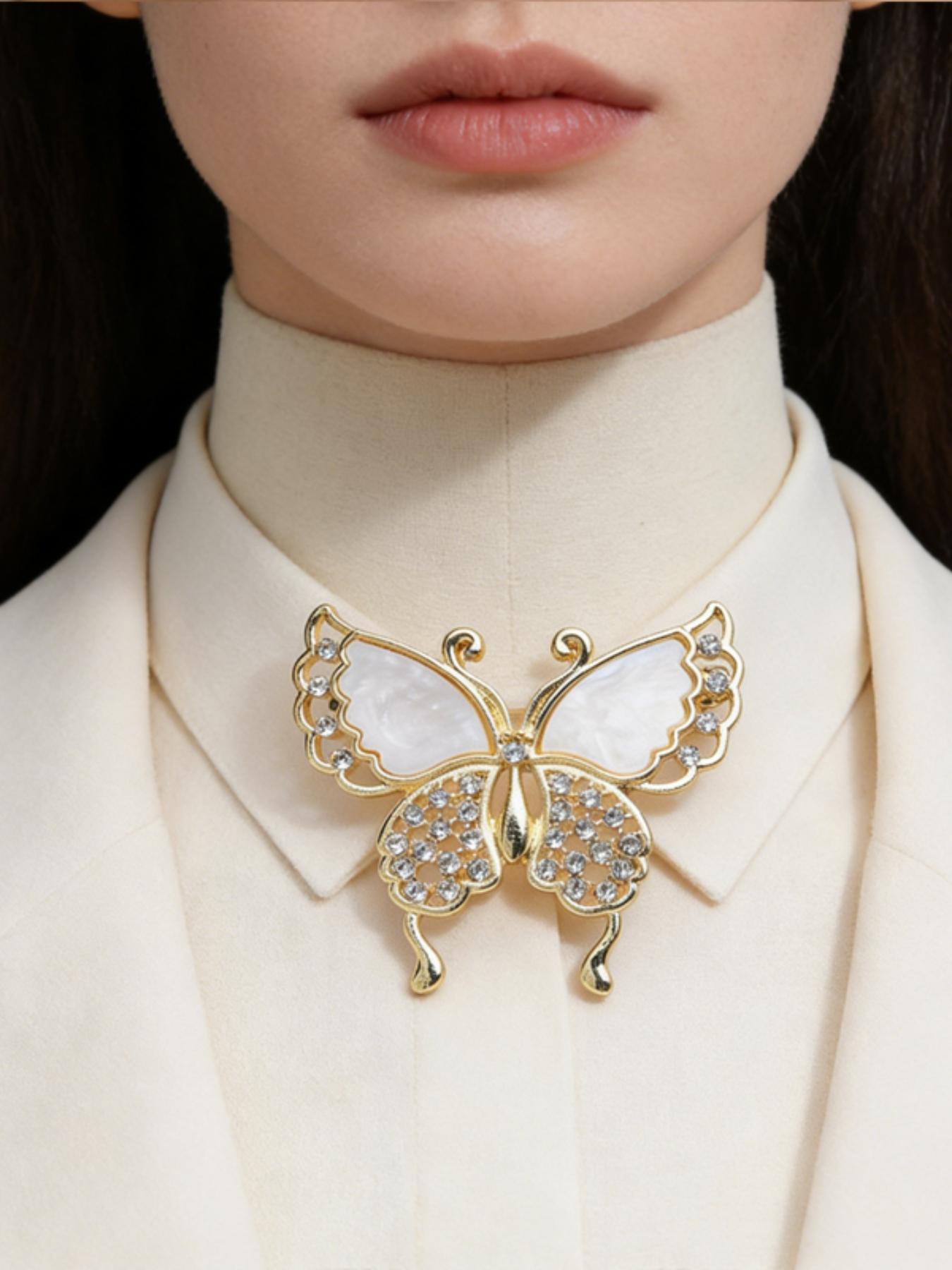 Elegant Butterfly Brooch Pin for Women, French Style Shell Rhinestone Hollow Out Design, Versatile Decorative Lapel Pin