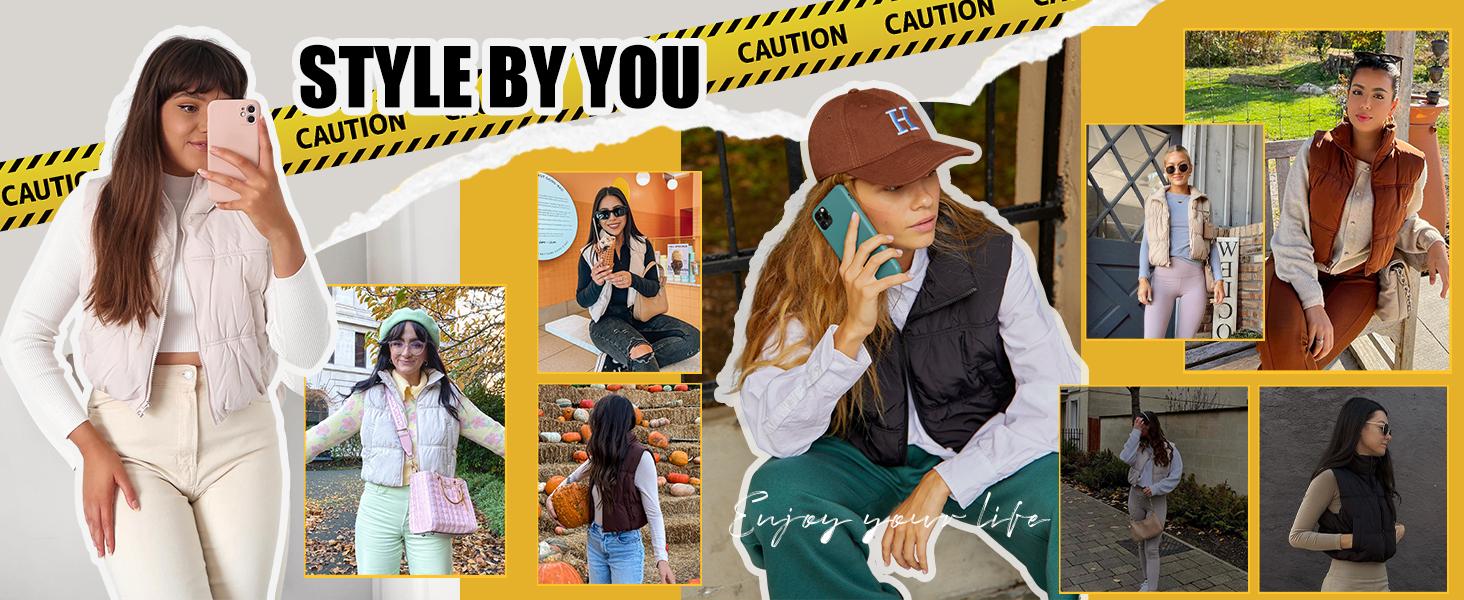 Yeokou Women's Beige Cropped Puffer Vest Stand Collar Full Zip Sleeveless Warm Padded Jacket for Casual Autumn Wear