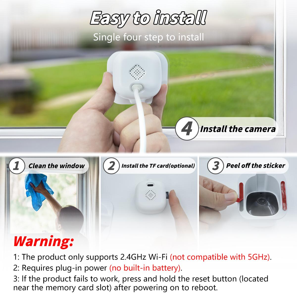 1080p Smart Window Wall Home Security Camera, 2.4GHz WiFi Indoor Outdoor, Full Color Night Vision & Motion Detection, Two-Way Talk & APP Control, 24/7 Recording, Easy Installation, Wifi Indoor Cameras, Wireless Security Camera