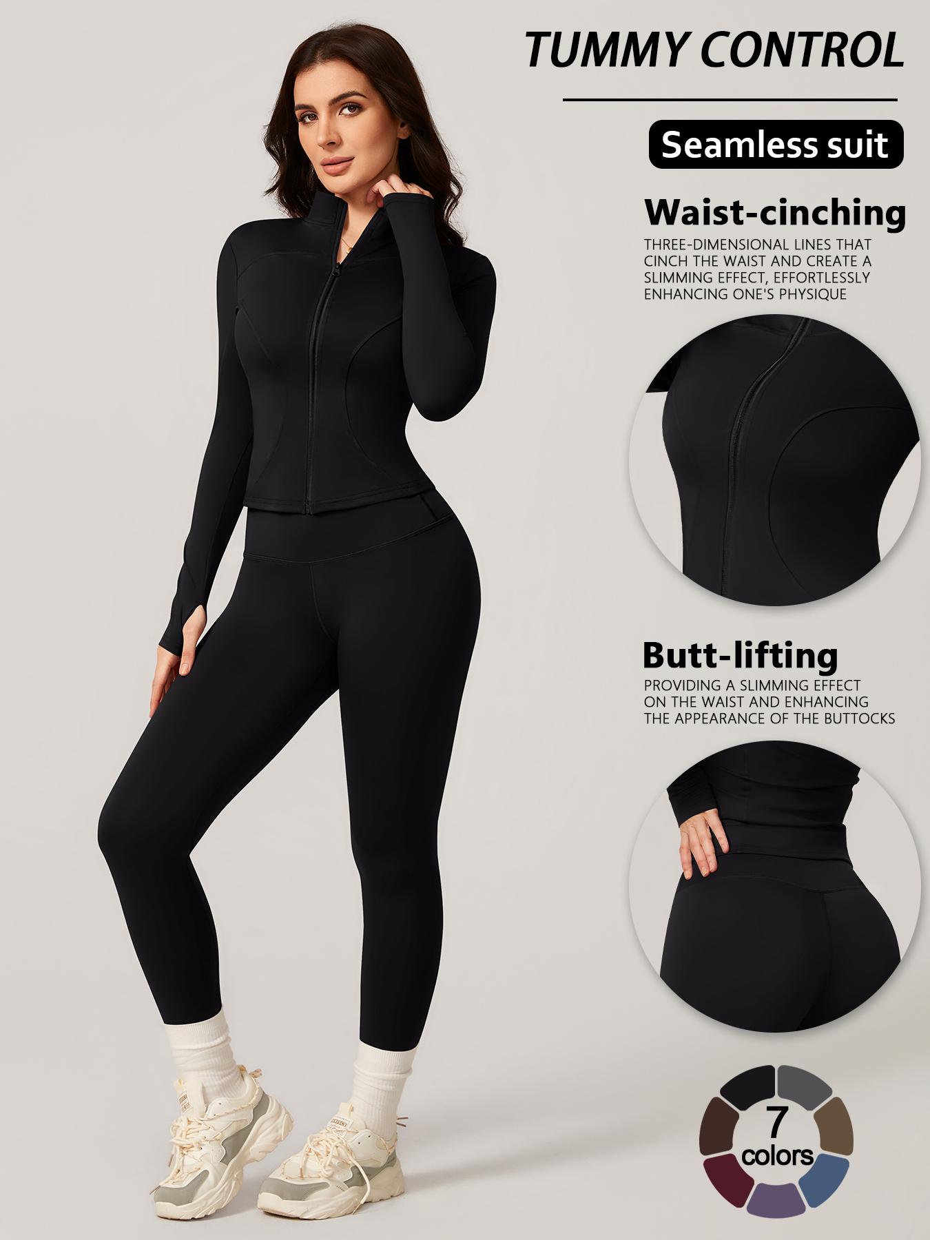 Women's Two-Piece Slim-Fitting Workout Set, Long Sleeve Top and Below-Ankle Sports Pants with Natural Waistline, All-Season Wearable Comfort Tracksuit Set, Stretchy Suit Set