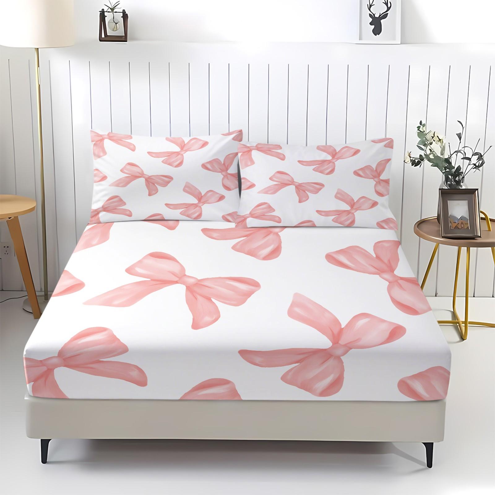Y2K Watercolor Nude Pink Bow Microfiber Fitted Sheet Set, Soft Comfy Bedding, Includes 1 Fitted Sheet & 2 Coreless Pillowcases, Soft, Breathable Fabric, Deep Pocket Anti-Slip All Season Bedding Set, Princess Style Bedroom Decor