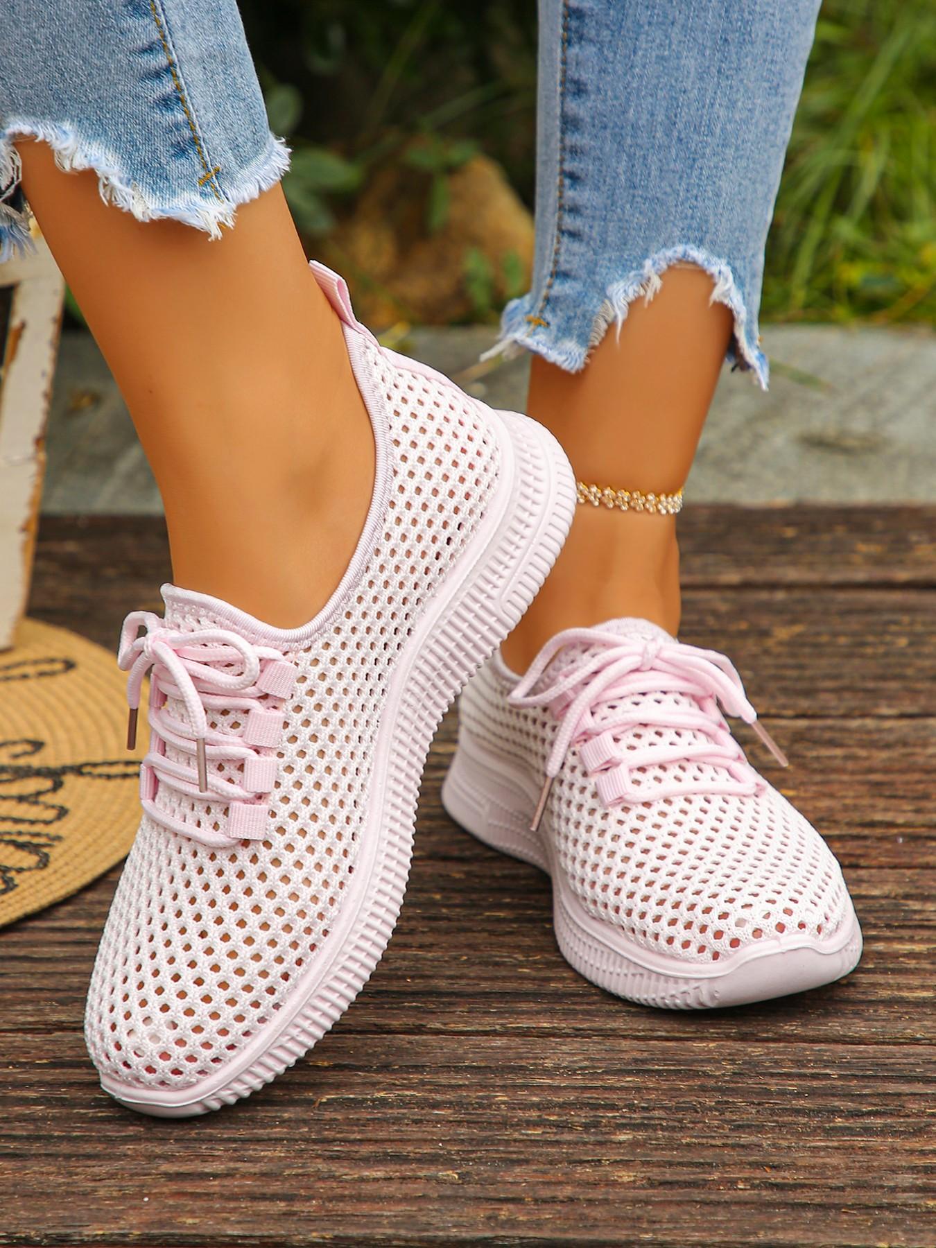 Women's Breathable Mesh Sneakers, Casual Sport Shoes with Lacing Design, Thick Sole Shock Absorption, Ideal for Spring Summer Daily Use