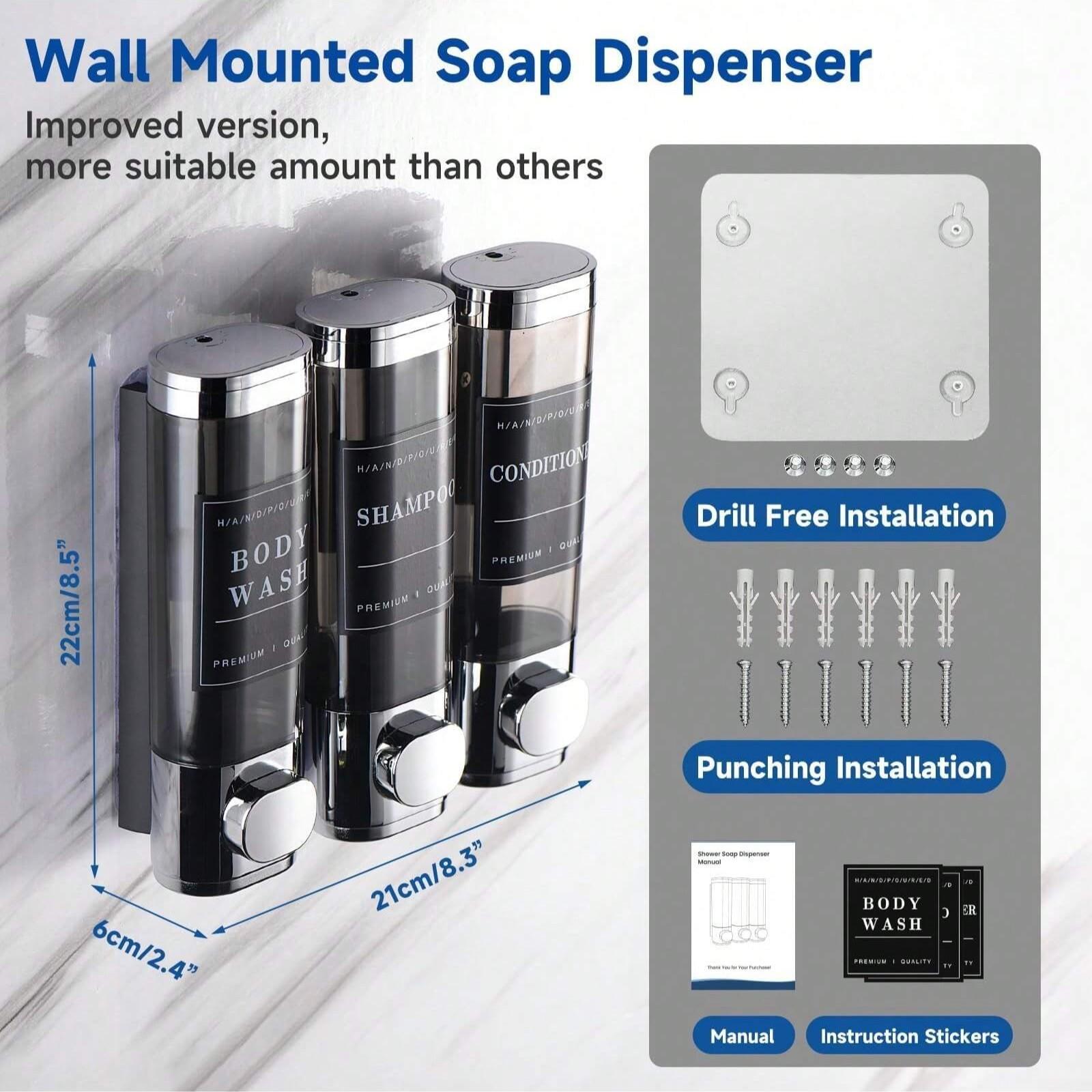Shower Soap Dispenser Wall-Mounted No-Drill Shampoo Conditioner Dispenser for Shower Walls, Hair Care Liquid Dispenser for Bathroom Hotel Use