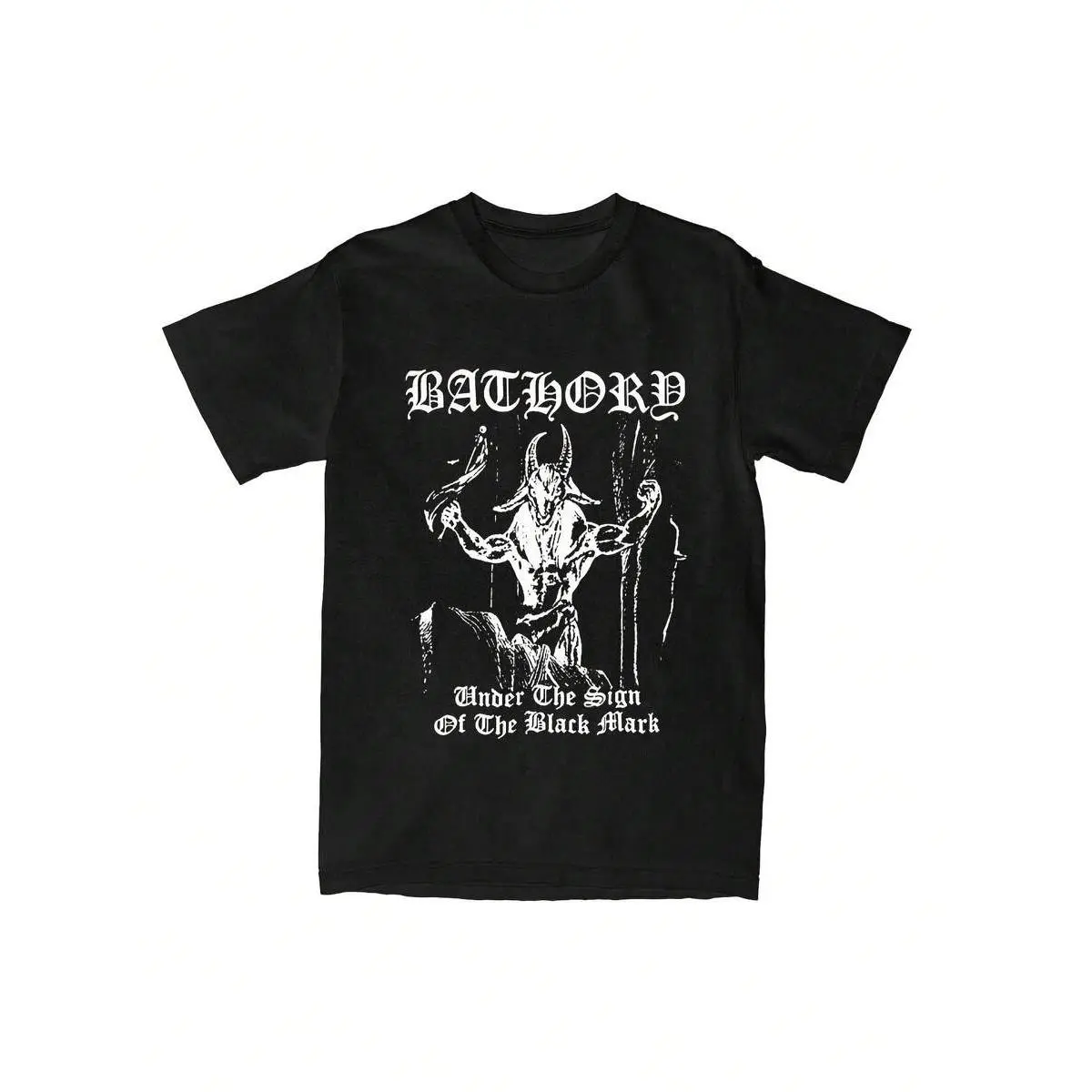Bathory Band Graphic Short Sleeve Top - Black Unisex Cut Round Neck Shirt, Machine Washable, Printed Skull & Crossbones, Under The Sign Of The Black Mark Print, Ideal For Music Enthusiasts, Short Sleeve Tops