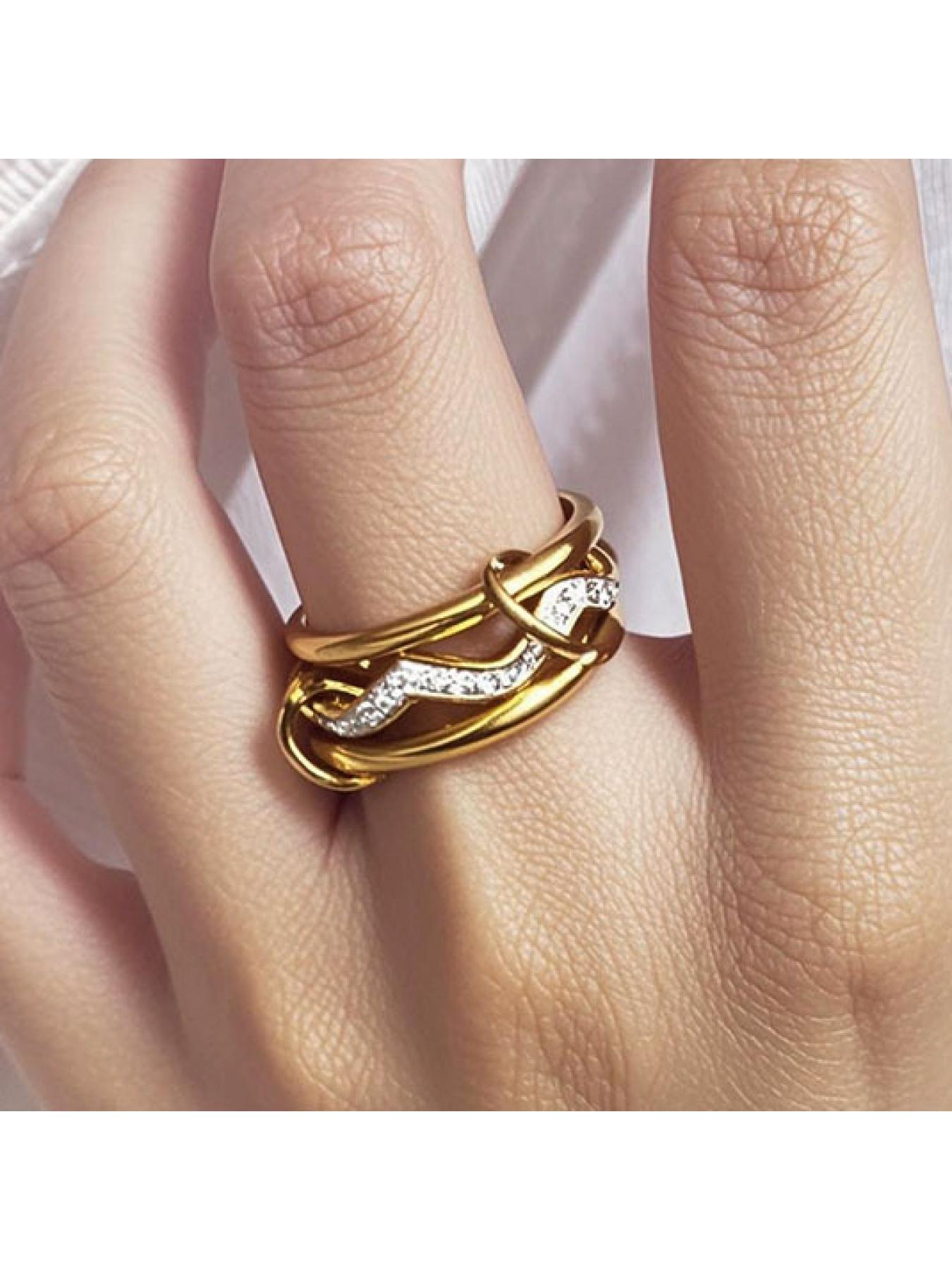 Stainless steel interlocking rings with full diamonds and wave-shaped three-ring design. New color combination and multi-element style.