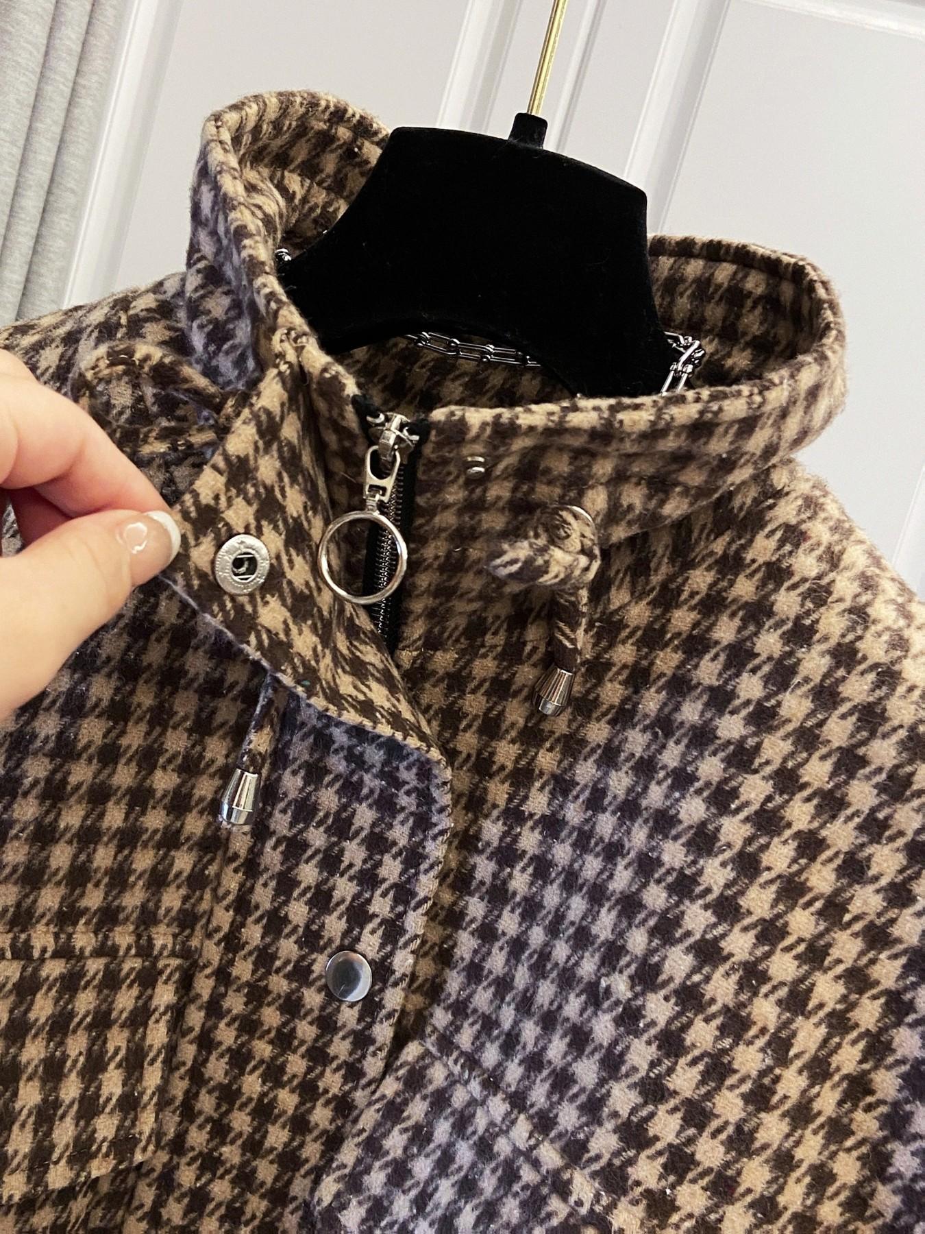 Women's Fashion Retro Plaid Stand Collar Short Coat, Drawstring Design, Zipper Front, Perfect for Fall Winter Daily Holiday Outing