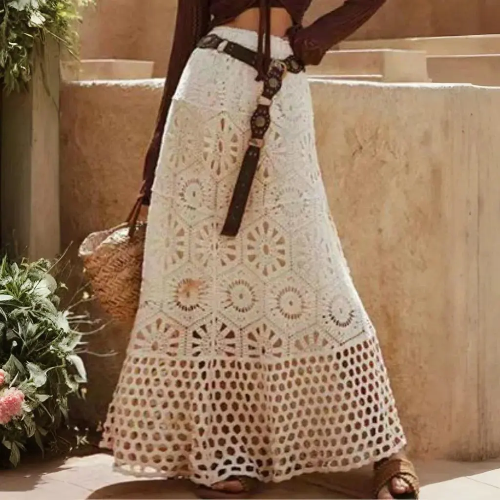Cotton Crochet Knit Lace Skirt for Women Vintage Hollow Out Floral Embroidered Maxi Skirt Summer Holiday Boho Beach Resort Wear
