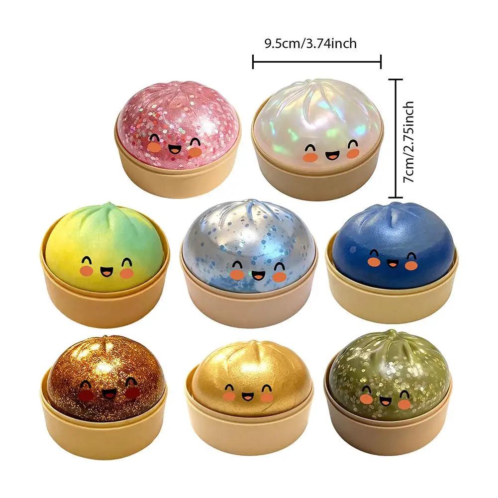 Colorful Dumpling Squishes Stress Balls Fidget Sensory Toys Simulation Food Squishies Bun with Steamer Squeeze Dough Ball Gifts