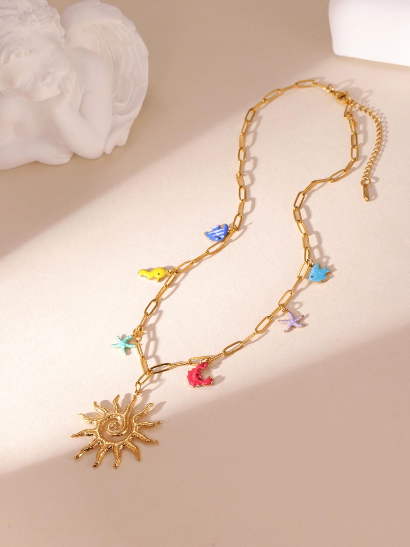 Unique Design Enamel Ocean Fish Sun Seahorse Starfish Charm Gold Necklace Lightweight All Season For Women Vacation Wear