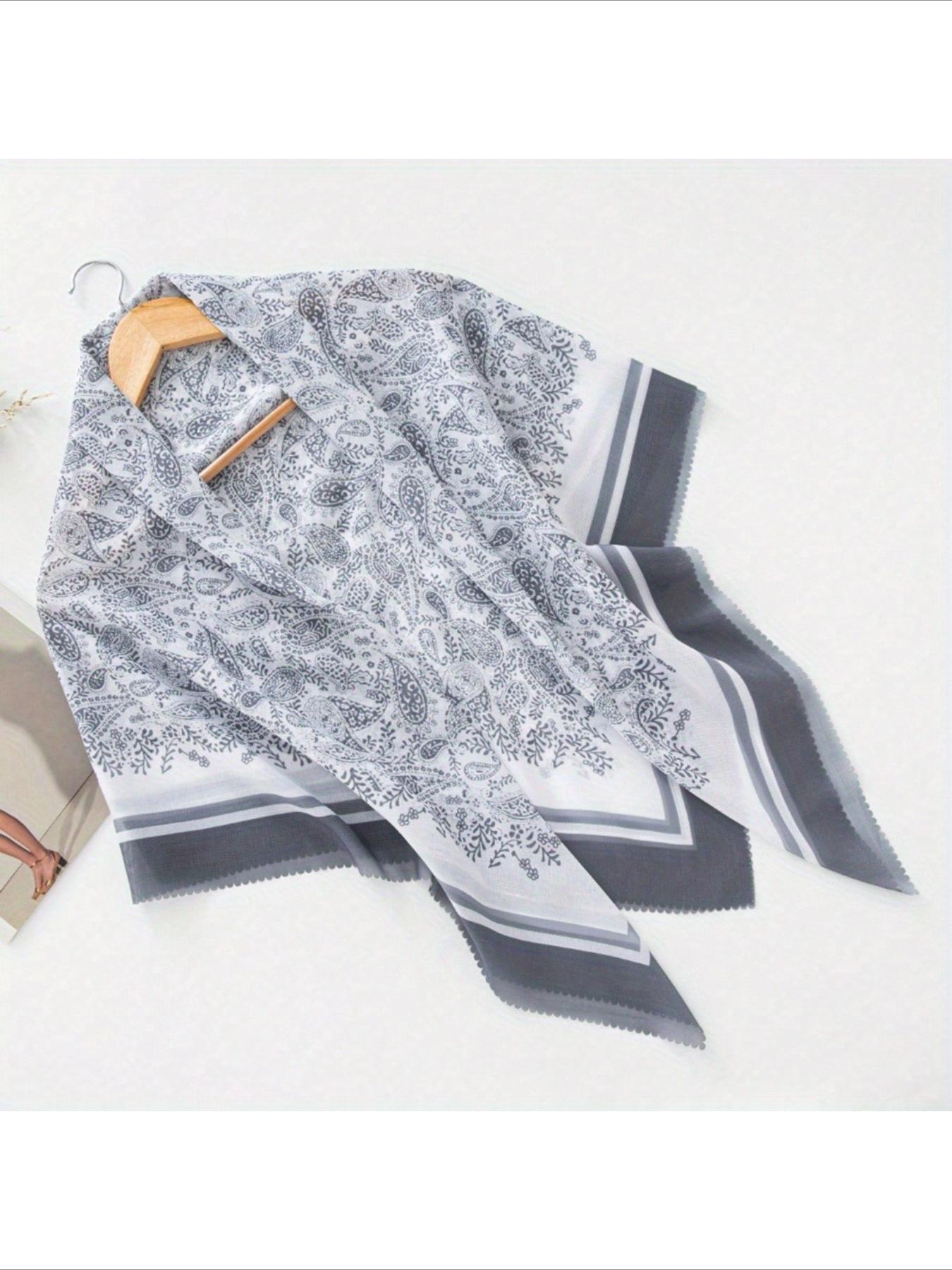 1pc 110*110cm Laser Cut Edging White Dainty Floral Print Large Square Bandana, New Bohemian Style Linen Soft Light Breathable Wavy Hem Head Wrap Hijab Shawl Floral Combination Print Balinese Chiffon Square Bandana Shawl