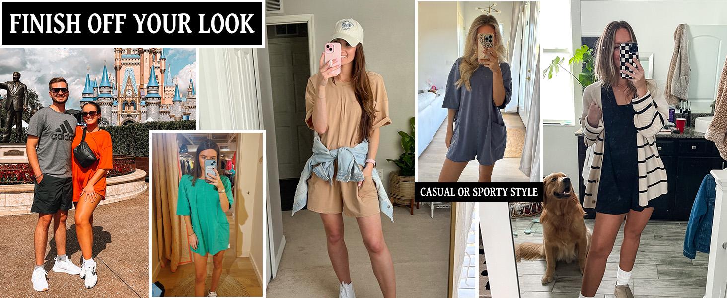 SCUSTY Womens Short Sleeve Oversized Athletic Rompers Reversible Workout Overalls Hot Shot Tee Romper Onesie Activewear